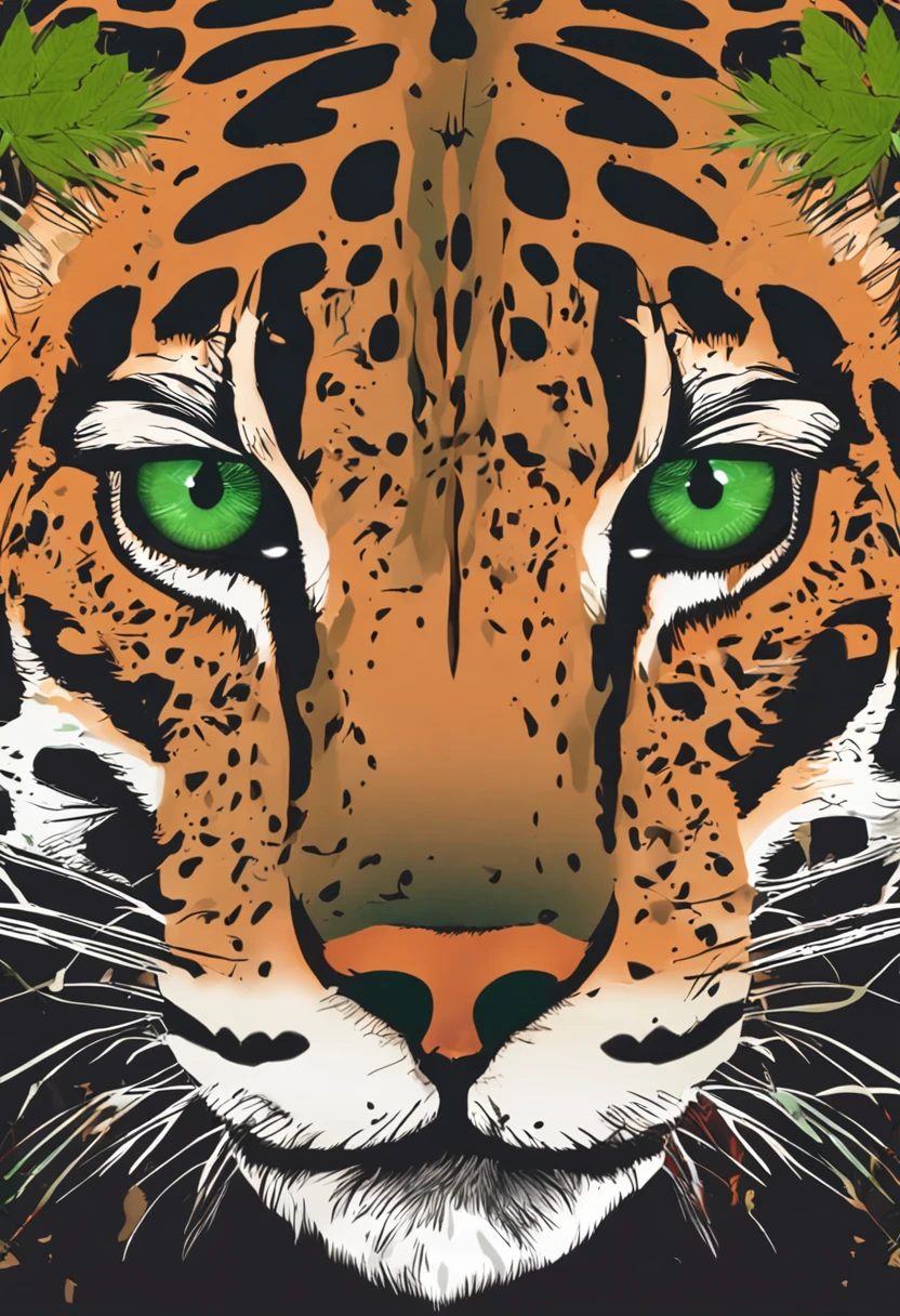 Create a picture of a jaguar with the green eye, where stains are replaced with marijuana leaves.