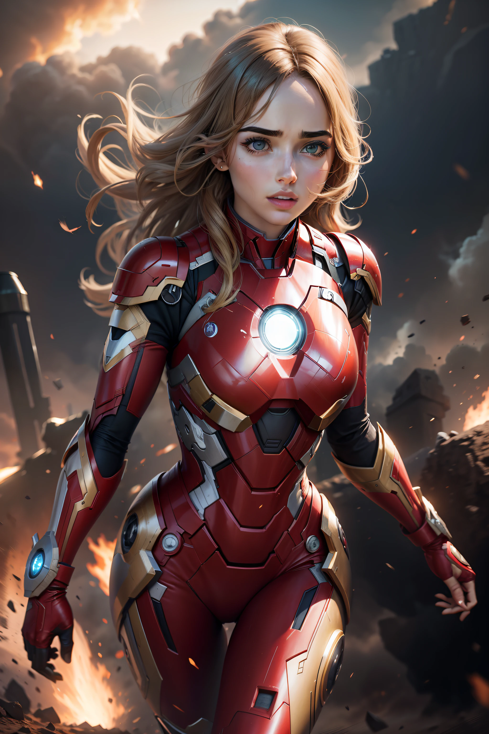Homem de Ferro Feminino,Dano de batalha, Ana de Armas as Iron Man, Ana de Armas Face, Terno do homem de ferro em couro, ouro e vermelho, Jets in the sky, high quality, real photo quality, real skin