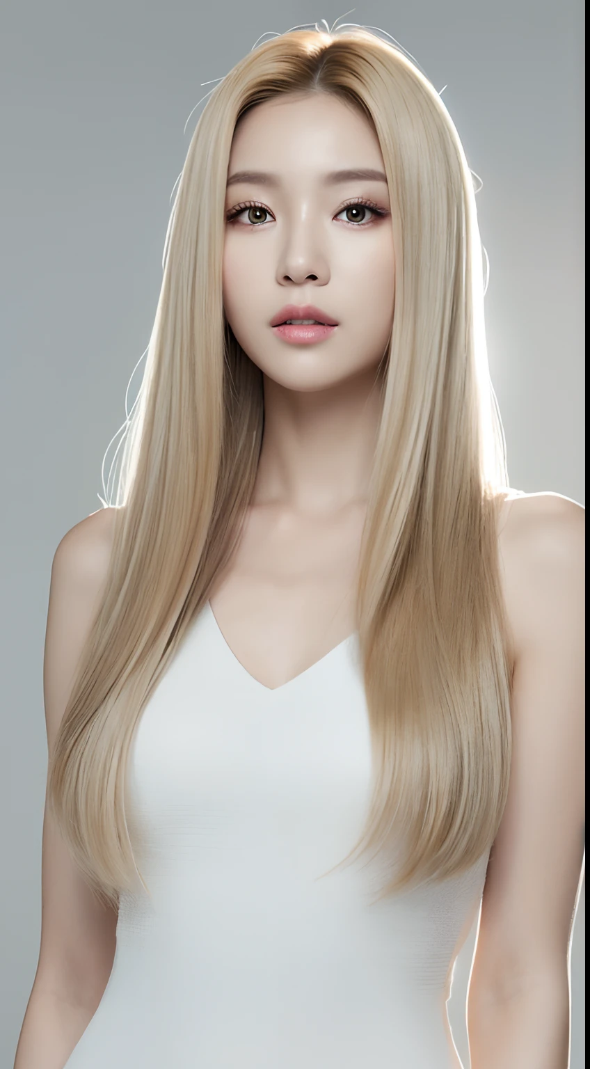 ((Realistic lighting、top-quality、8K、masterpiece:1.3))、Clear focus:1.2、1girl in、flawless beauty:1.4、slim((blonde hair))、Neat and clean clothing、One-piece clothes、Superfine Face、Narrow-eyed、二重まぶた、lighting like a movie、photos realistic、28 year old、Straight hair、Face like a K-pop idol、white backgrounid、Gray background、Mature Woman、Classy makeup、Light hair color