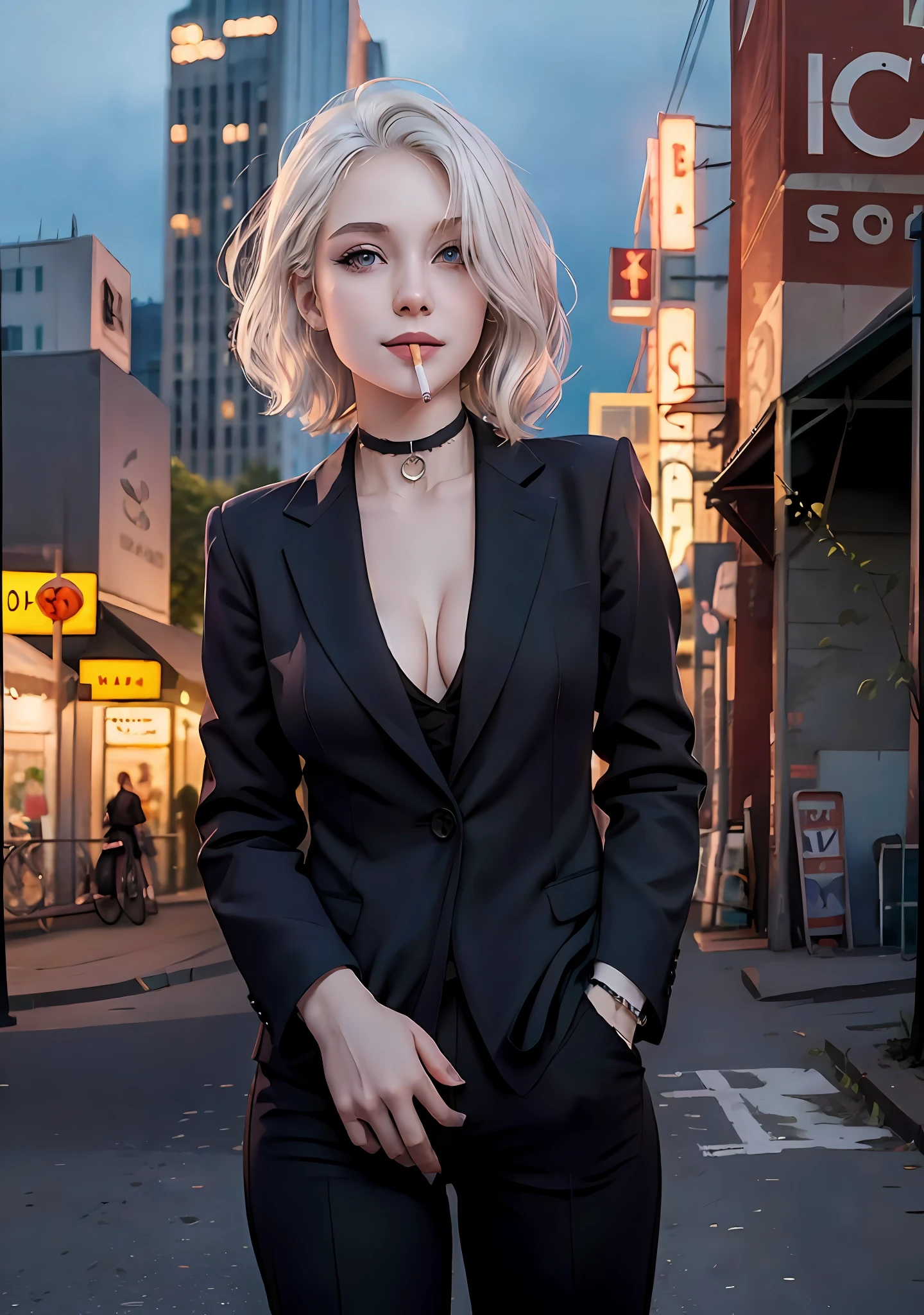 (masterpiece, best quality:1.2), cowboy shot, solo, 1girl, white hair, short wavy hair, purple eyes, average breasts, slender body, light smile, looking at viewer, hands in pockets, formal, suit, (braless), cleavage, black pants, choker, cityscape scenery, street, night light, night time, cigsmoker