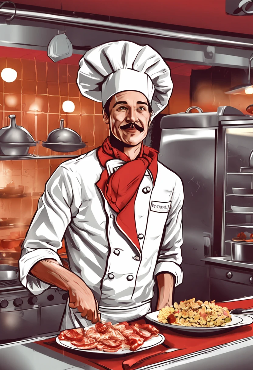 Bonito sexy chef  em la cocina de um restaurante.  fotorrealista. alta qualidade. Ultra detalhado.