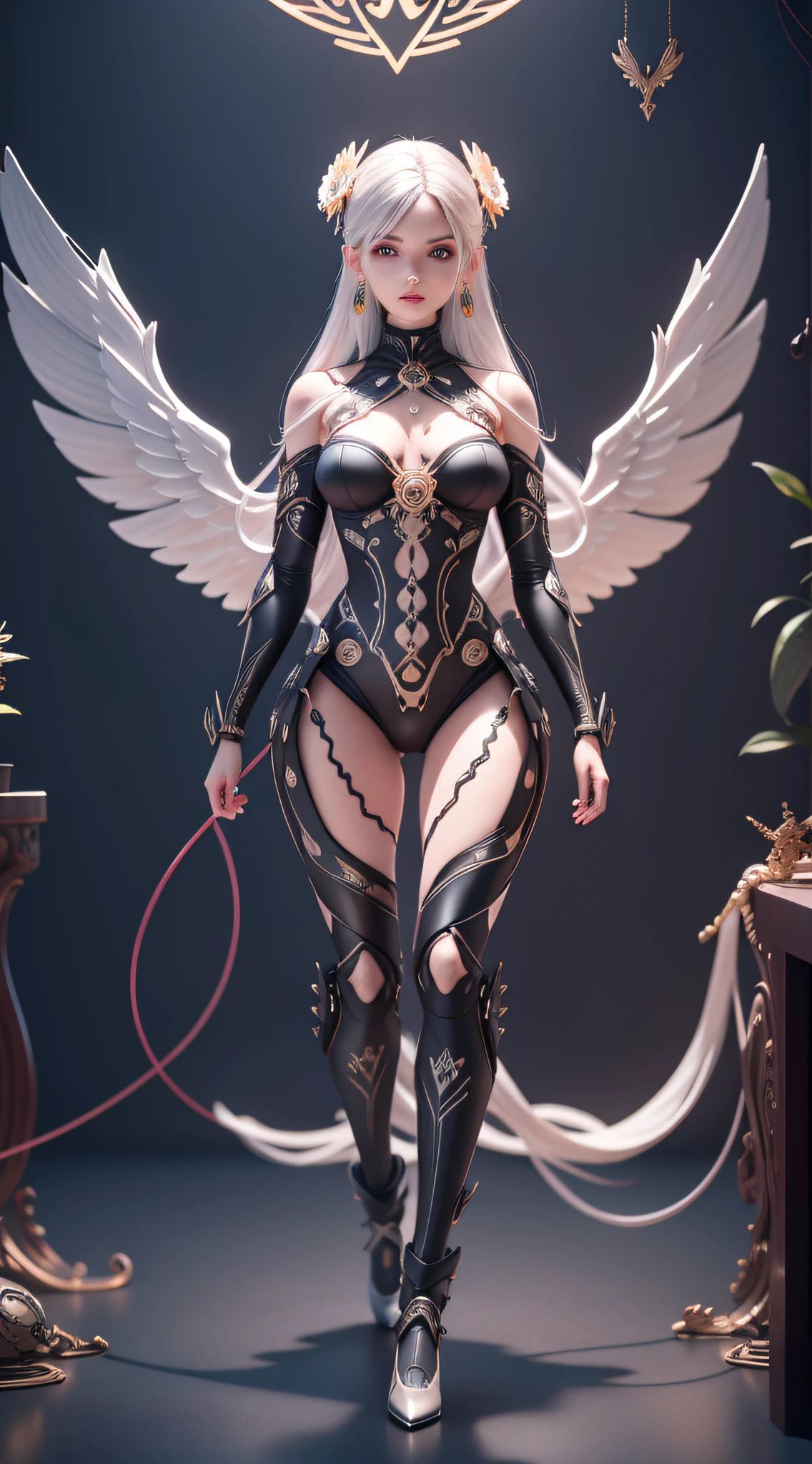 Intricate 3D Rendering Ultra Detailed Beautiful Angel of Death, Biomechanical Robot, Simulated 150mm Lens, Beautiful Natural Soft Rim Light, Neon Veins, Roots, Delicate Leaf Lace, Colorful Details, Boris Bidjan Saberi Costume, Pearl Earrings, Piercings , art nouveau fashion embroidery, intricate details, mesh lines, mandelbrot fractals, facial muscles, cables, microchips, thugs, surreal, octane, volumetric lighting, 8k and post production, red white with a bit Black, metal skull detail, half human figure, iridescent, Glenn Brown style, futuristic room, god power, high angle shot, complex body poses