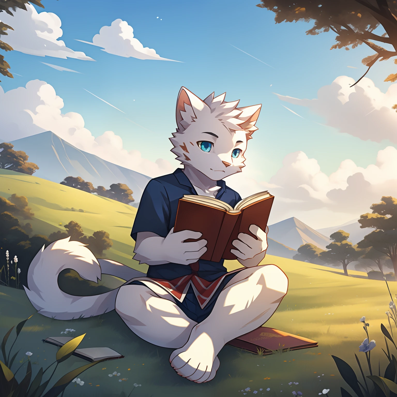A white kitten，holding a book in his hands，Focus on reading，White kitten white white，White, Pure white, Kitten white！Sit on the hillside，white colors