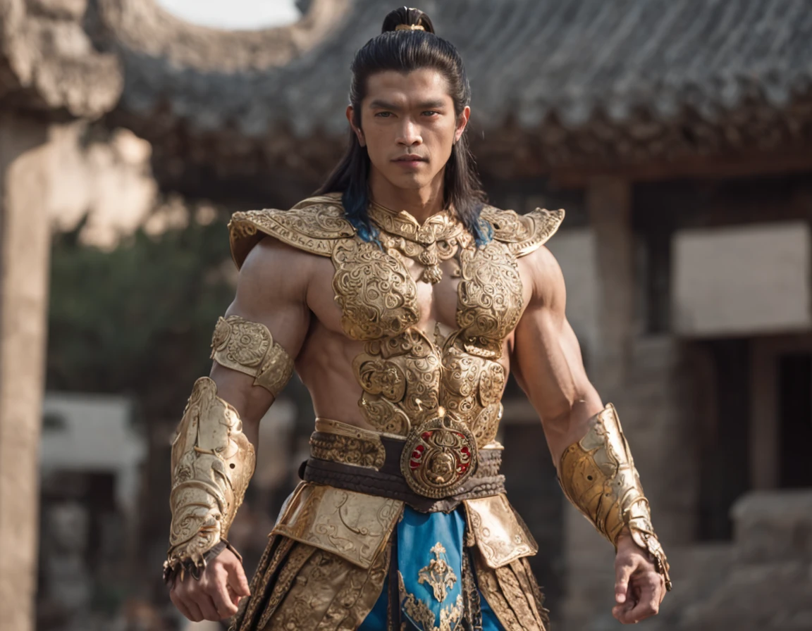 God, best quality, 1 Java god, 1 Java man, Lord Anuman, Black hair, upper gold armor, lots ornament on body, gold and gemstone clothes, Four arms , Java boots, Java mythology, blue eyes, mid long hair, Java little crown, American face, serious look, anger, blue skin, low light, natural light, Java street, low light, light rays, aura power, doing a power, blue eyes, back Five headed snake, looking ahead, male focus, big muscles, body builder, movie composition, depth of field, bokeh, standing, full body -imagine