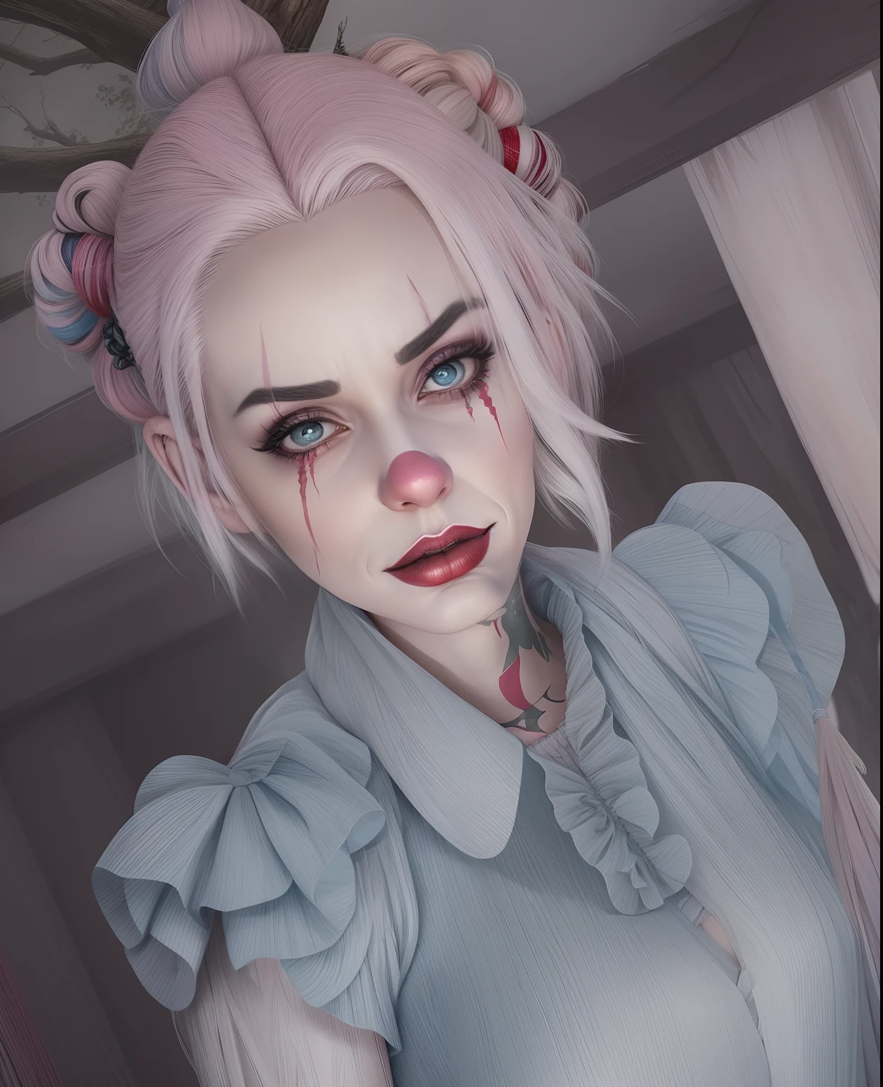 A super realistic and highly detailed depiction of a tall clown woman like harley quinn with soft pink and white hair, showcasing an intense and sinister expression, situated in the midst of a dimly lit forest.