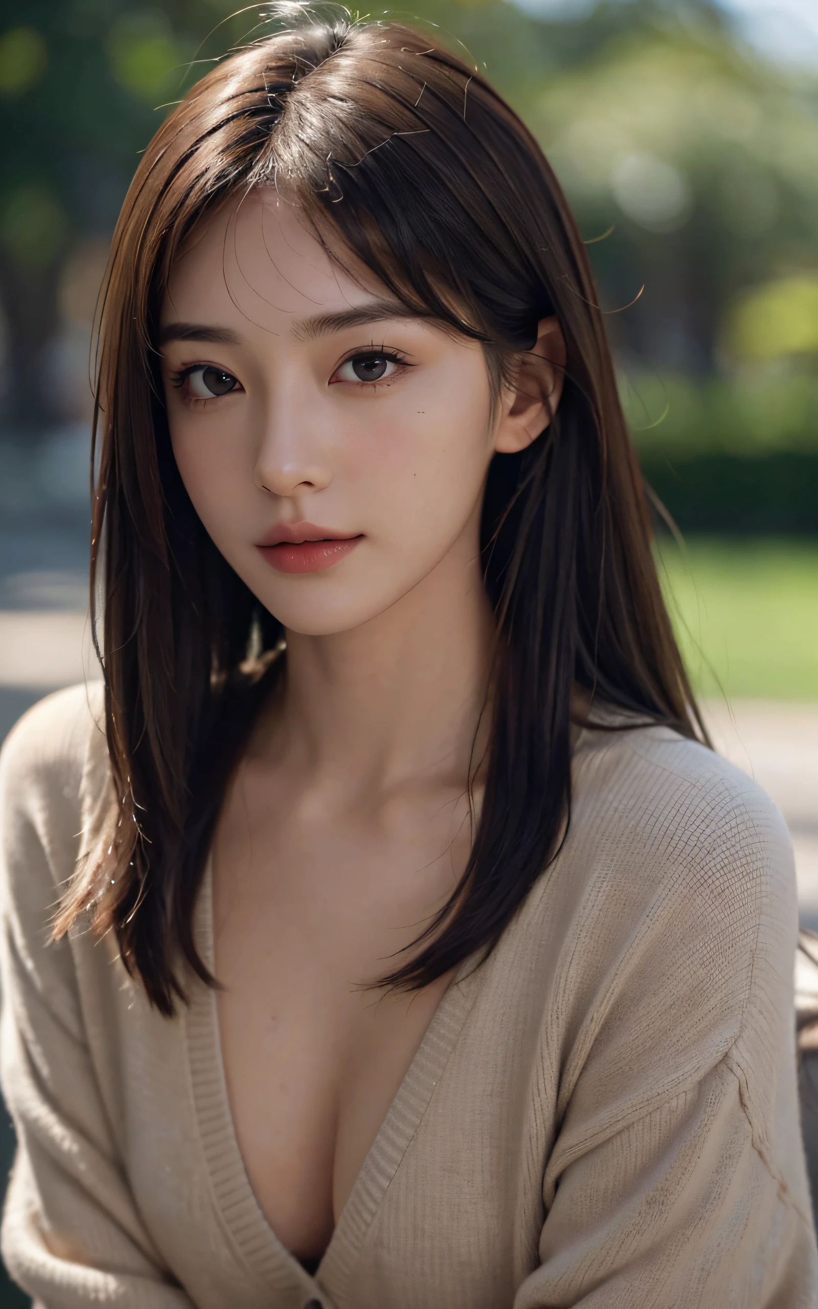 Masterpiece, best picture quality, high quality, beautiful woman, Japanese, detailed, detailed eyes, detailed skin, beautiful skin, ultra high resolution, (reality: 1.4),very beautiful, slightly younger face, beautiful skin, slender, (ultra realistic), (highresolution), (8K), (very detailed) (beautifully detailed eyes), (super detailed), cardigan, (wallpaper), (detailed face), looking at viewer, fine details, detailed face, sad, looking straight ahead, looking straight ahead, angle from waist up, realistic photo, bright lighting, professional lighting, mature woman, brown hair, sway in the wind shoulder length straight hair, long stylish bangs,