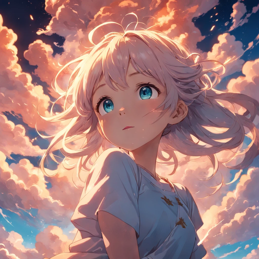 masterpiece, best quality, movie still, 1girl, cloud girl, floating in the sky, close-up, bright, happy, warm soft lighting, sunset, (sparks:0.7)