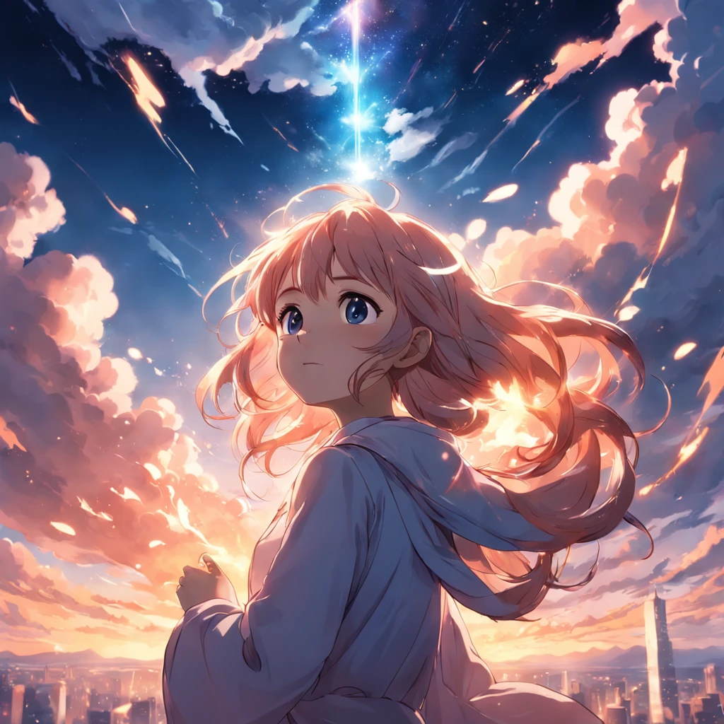masterpiece, best quality, movie still, 1girl, cloud girl, floating in the sky, close-up, bright, happy, warm soft lighting, sunset, (sparks:0.7)
