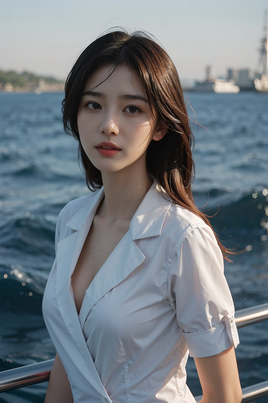 A female seafarer,a sailor suit,realisticlying,dynamic lights,Brush cut,cleavage,full shoot,(非常详细的 CG 统一 8k 壁纸),high detal,tack sharp focus,dramatic,eye bags,eyeslashes,Photoreality