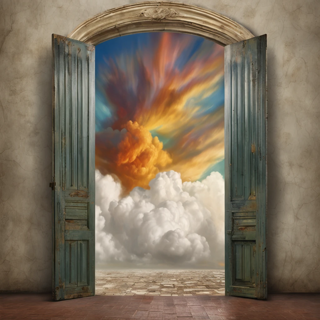 a close-up of a door leading to a cloud in the sky, Hyper realistic clouds, dreamlike surrealism, Dreams invade worldly spaces, Surreal clouds, surrealism!!!!, surrealist art, Portail magique dans le ciel, whimsical surrealism, Portal of Dreams, dans un nuage, In the style of René Magritte, Surrealist photography, Ouvrir le portail vers une autre dimension, Portail vers un autre monde