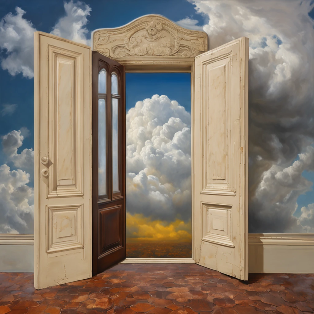a close-up of a door leading to a cloud in the sky, Hyper realistic clouds, dreamlike surrealism, Dreams invade worldly spaces, Surreal clouds, surrealism!!!!, surrealist art, Portail magique dans le ciel, whimsical surrealism, Portal of Dreams, dans un nuage, In the style of René Magritte, Surrealist photography, Ouvrir le portail vers une autre dimension, Portail vers un autre monde
