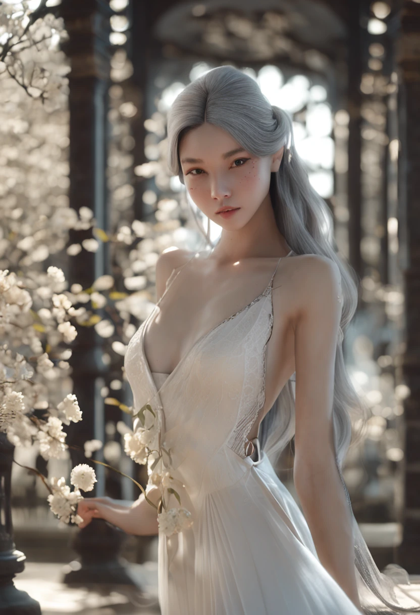 {{{{Masterpiece, Realistic, Extremely detailed, Intricate details, Sharp focus, 8K, A high resolution, Depth of field, absurderes, high quality facial shadowing, dynamic shadowing, Cinematic lighting, Perfect lighting}}}}, Best quality, asian qualities, {facingviewer}, {Front view}, {with hands behind her back}, {Solo}, Beautiful young girl, {{{Extremely detailed girl, Perfect anatomy, Perfect body}}}, {{{Beautiful and delicate sweet buttocks, vibrant white hair}}}, {{{Sweet multi-layered hair}}}, {{beautiful-detailed facial structure}}, {{Detailed beautiful face}}, {{Sexy face}}, {{Detailed face:1.33}}, {{美丽细致的眼睛}}, Big eyes, {{{{Detailed dark blue eyes}}}}, {{{{High detail, sharp, clear and cloudless black cat's eye pupils}}}}, {{{{vibrant eye colors}}}}, {{Detailed large}}, {{{Beautiful and delicate big}}}, {{breasts parted}}, {{Slim arms}}, {{{{beautiful-detailed fingers}}}}, {{Slim waist}}, {{Thick thighs}}, {{{ass showing}}}, {{{perineum showing}}}, {{{ oozes between the legs}}}, {{{Detailed legs}}}, {{{Blushing}}}, {{Cute and shy expression}}, {{aroused}}, {{slightly open mouth}}, Fashion, Wedding dress, shift dresses, {{{Beautiful detailing sexy transparent white strapless high single slit wedding dress}}}, {{{Delicate and detailed white high heels}}}, {{Standing in a dimly lit ballroom,A chandelier hangs overhead,Moonlight shone through the windows}}, NSFW