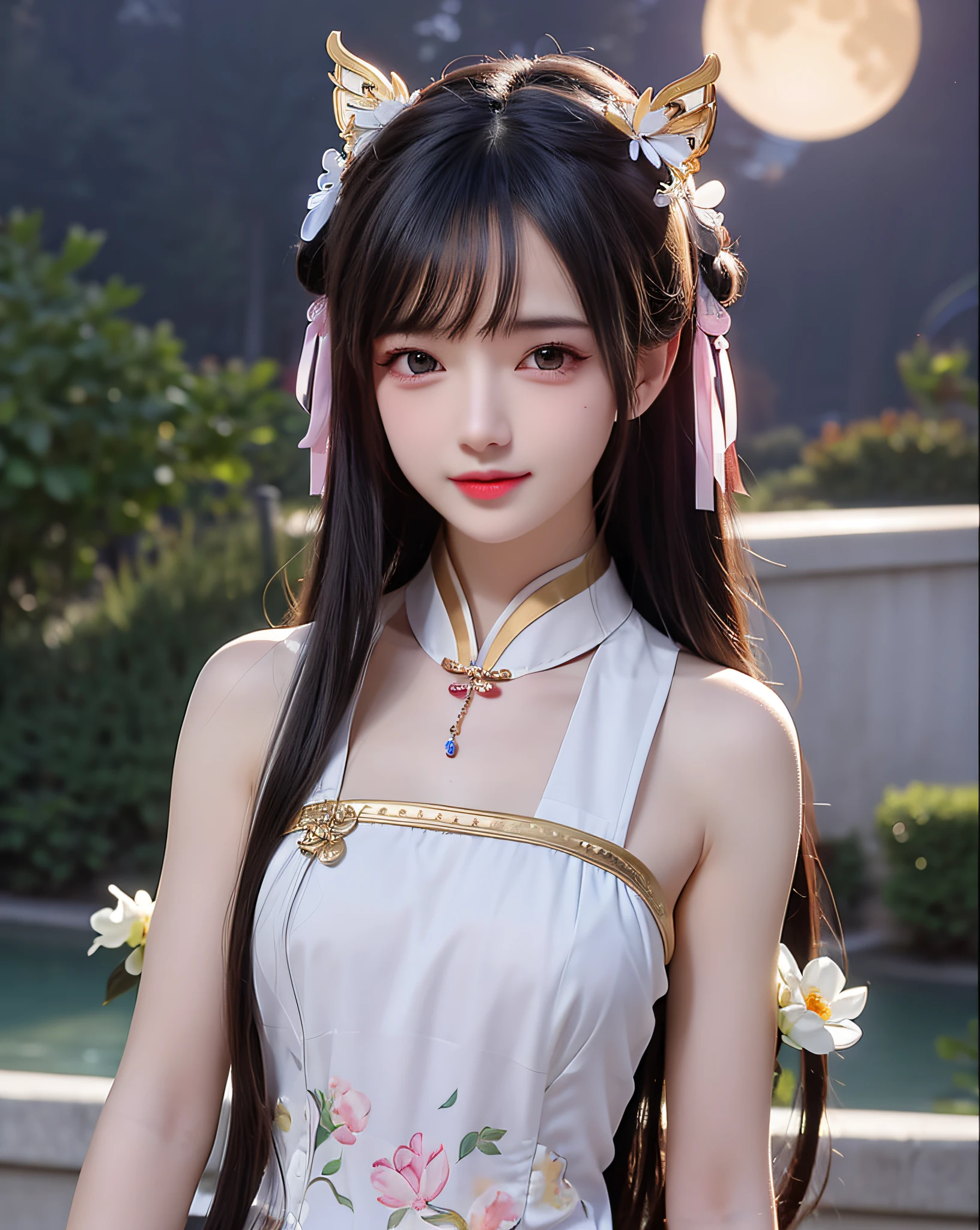 (best quality, masterpiece:1.2), ultra high res, front lighting, intricate detail, Exquisite details and textures, 1girl, solo ,(young), face highlight, upper body, detailed face, tear mole, shiny skin, silver hair, ponytail, braid hair, looking at viewer, big blue eyes, silk robe, (hollow pattern, white, silk), earrings, small breasts, slim body,(white robotic trunk:1.2), east asian architecture, riverside, a lotus leaf, a lotus flower, forest, professional lighting, photon mapping, radiosity, physically-based rendering,