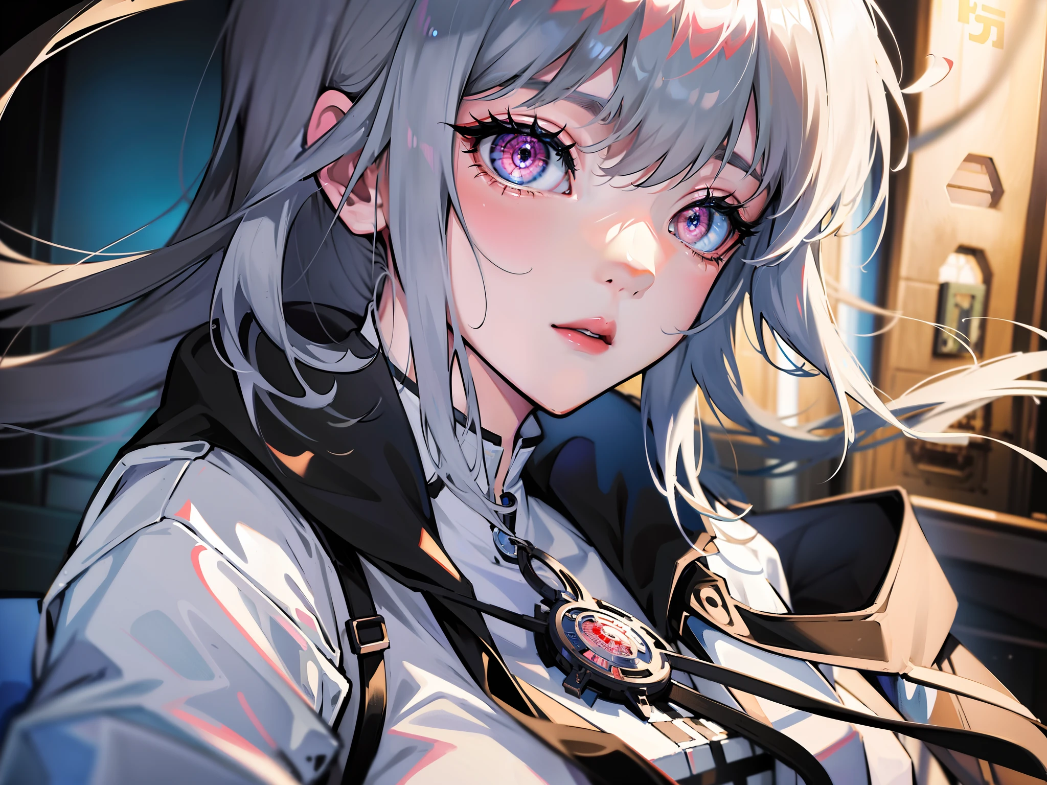 年轻,White skin,largeeyes,eyes glowing,Gray hair,Handsome,big breasts beautiful,16k,ultraclear,wind coat,Badges,A character,Characters make up one-third of the frame,城市,beautiful city,Anime - style image of a woman with long hair and a black jacket, Detailed digital anime art, detailed anime character art, Guweiz in Pixiv ArtStation, Detailed key anime art, Guweiz on ArtStation Pixiv, Guviz-style artwork, detailed portrait of an anime girl, trending on artstation pixiv,Vista distance,fanciful