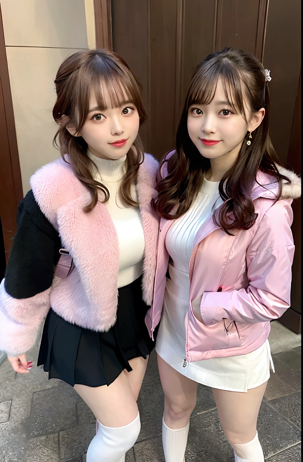 masterpiece, Better Quality, hight resolution, Two girls side by side、pink color clothes、a short skirt、coat、parka、hotel、full body Esbian、the kiss、Curly hair, A smile,happily face,,(huge-breasted:1.1)、thighs thighs thighs thighs