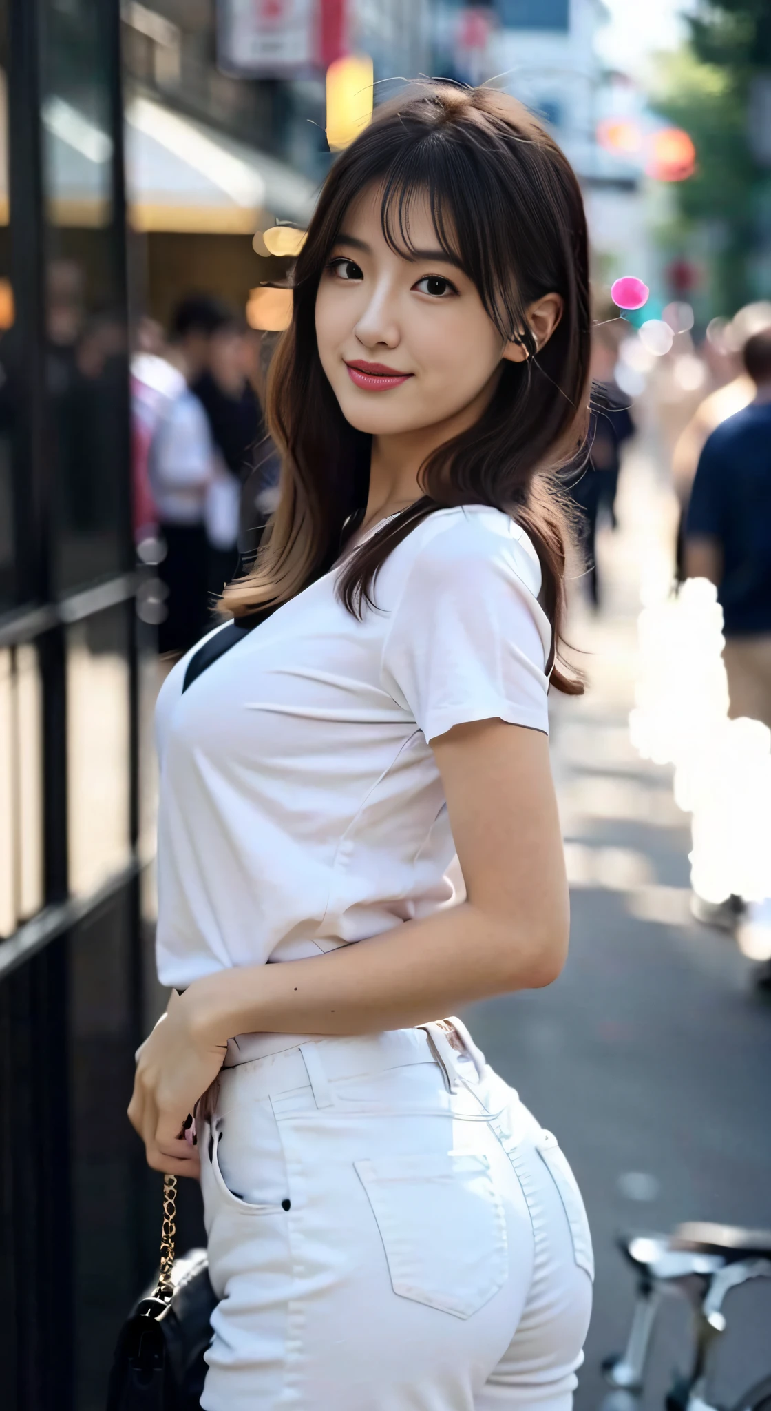 (8K、Raw photography、top-quality、masterpiece:1.2)、(realisitic、Photorealsitic:1.37)、ultra-detailliert、超A high resolution、女の子1人、see the beholder、beautifull detailed face、A smile、Constriction、(Slim waist) :1.3)、t - shirt、Beautiful detailed skin、Skin Texture、floated hair、profetional lighting、Skinny White Jeans、Peach butt、full body Esbian、model poses