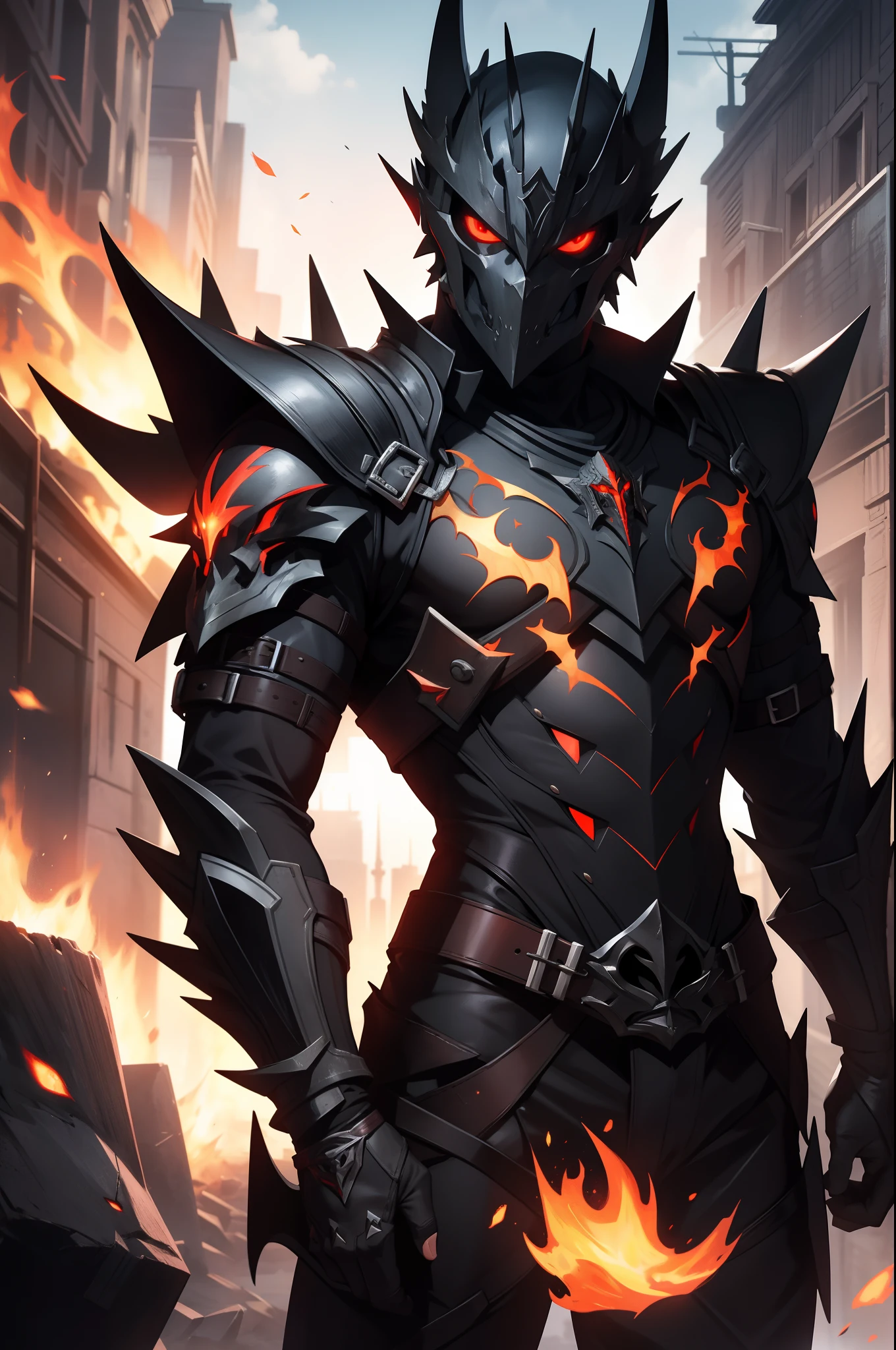 solo male, black armor, spikes, skull mask, red eyes, fantasy, red flames