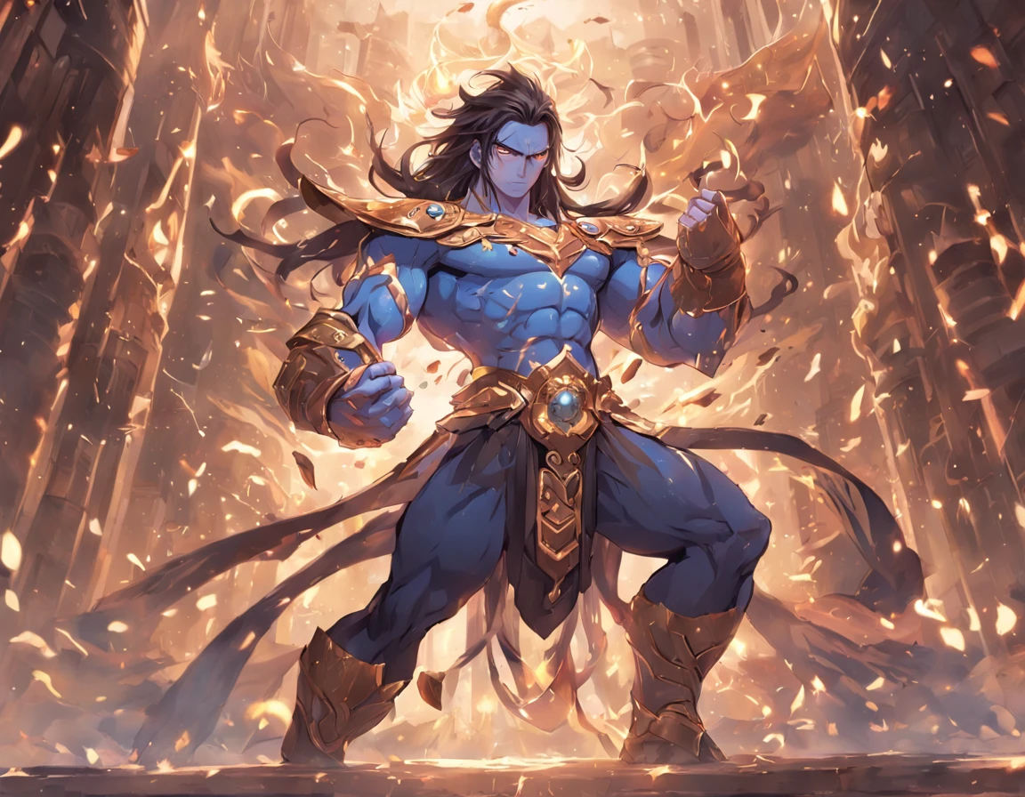 God, best quality, 1 Java god, 1 Java man, Lord Anuman, Black hair, upper gold armor, lots ornament on body, gold and gemstone clothes, Four arms , Java boots, Java mythology, blue eyes, mid long hair, Java little crown, American face, serious look, anger, blue skin, low light, natural light, Java street, low light, light rays, aura power, doing a power, blue eyes, back Five headed snake, looking ahead, male focus, big muscles, body builder, movie composition, depth of field, bokeh, standing, full body -imagine