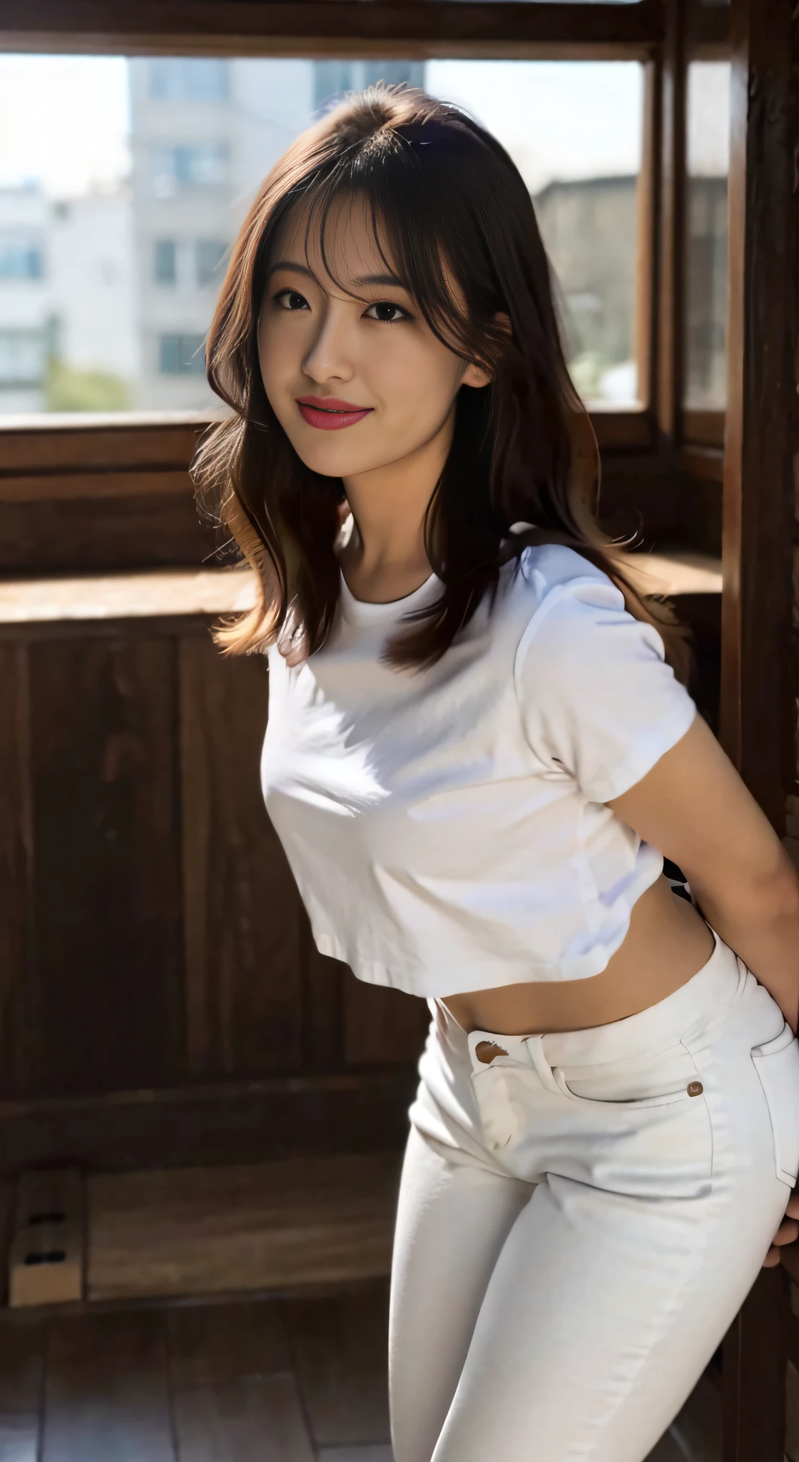 (8K、Raw photography、top-quality、masterpiece:1.2)、(realisitic、Photorealsitic:1.37)、ultra-detailliert、超A high resolution、女の子1人、see the beholder、beautifull detailed face、A smile、Constriction、(Slim waist) :1.3)、t - shirt、Beautiful detailed skin、Skin Texture、floated hair、profetional lighting、Skinny White Jeans、Peach butt、full body Esbian、model poses