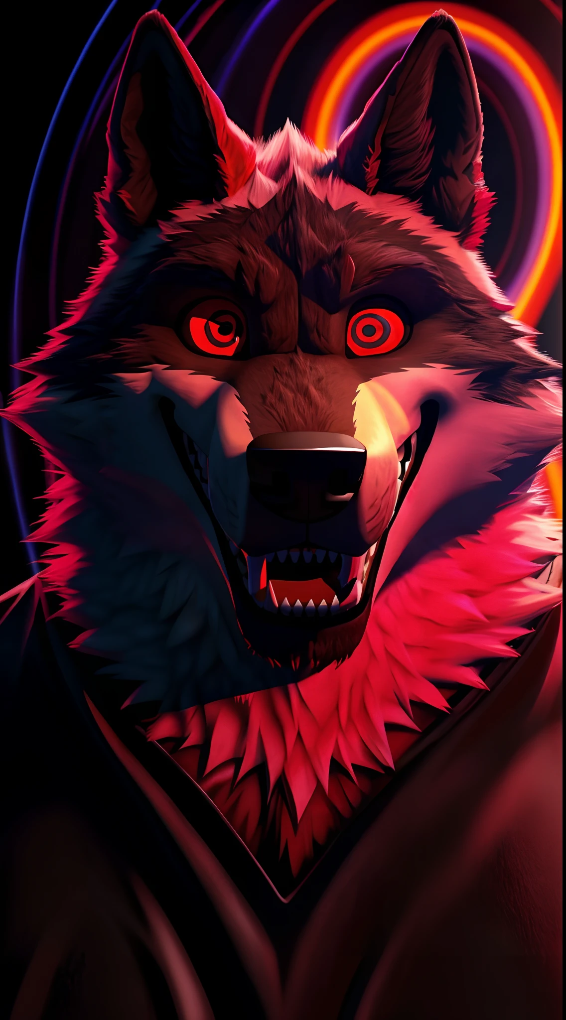 Death Wolf he is hypnotizing the viewer with his red and dark eyes his victim is hypnotized his whole body is full of blood his pupils are dark and red his teeth are full of blood (halloween special) 4D ULTRA HD 8K