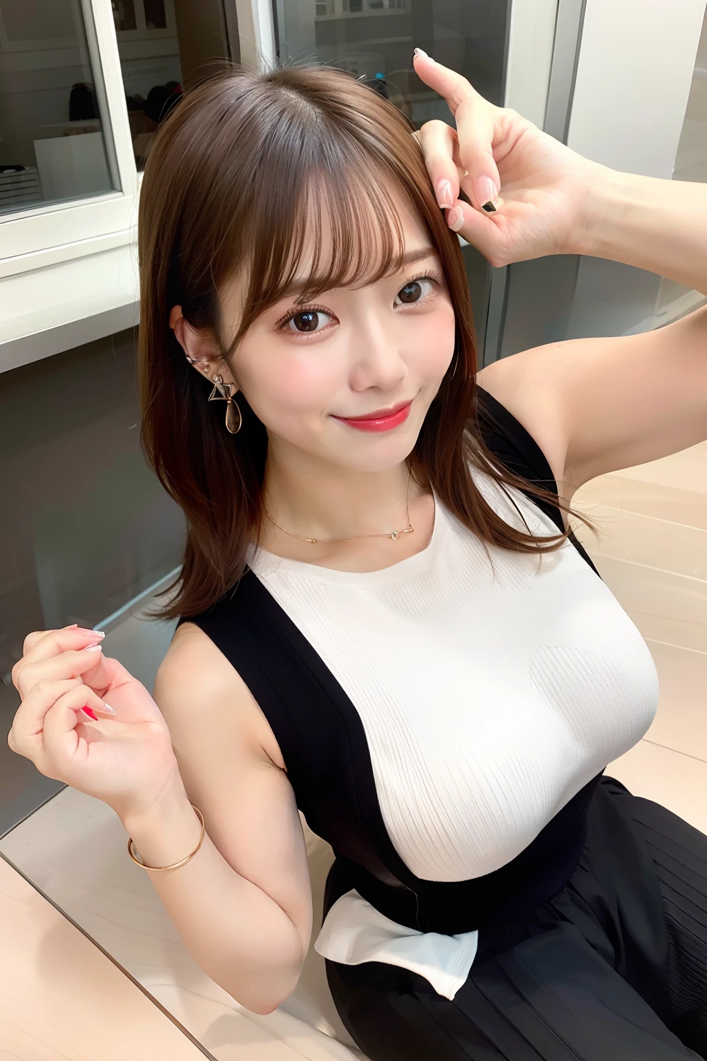 4k, ultra res,RAW photo,masterpiece, best quality,realistic, photorealistic,sharp focus,professional lighting,1 beautiful japanese woman,upper body,smiling,((((tight knit)))),(((hands up))),((from front)),((from above)),((high position)),((glamor)),((wearing high-heels)),mini skirt, table,window,coffee,long hair,looking at viewer,photorealistic,cafe,daytime,masterpiece,best quality,big boobs,earrings,neckless,wearing bracelet,ring
