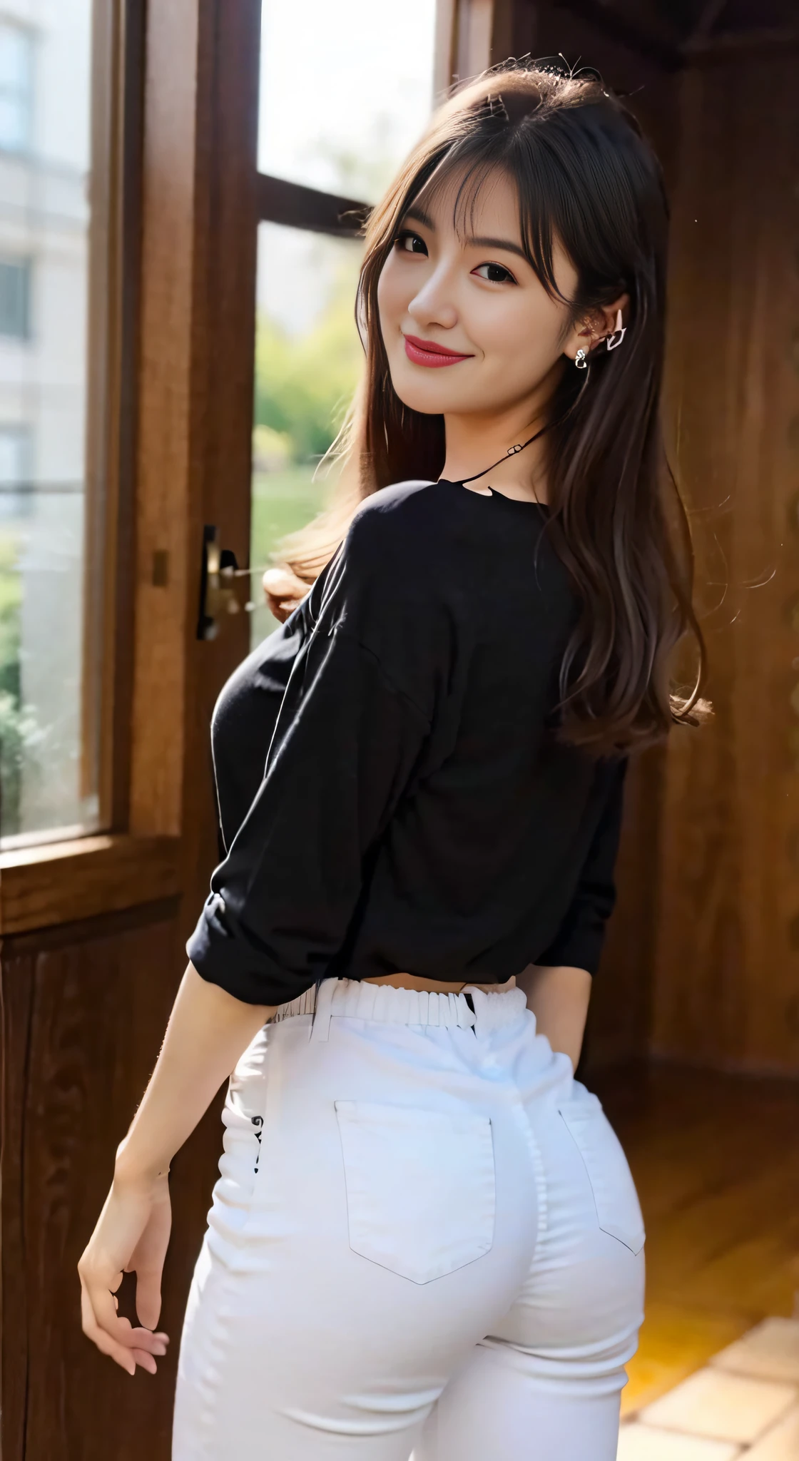 (8K、Raw photography、top-quality、masterpiece:1.2)、(realisitic、Photorealsitic:1.37)、ultra-detailliert、超A high resolution、女の子1人、see the beholder、beautifull detailed face、A smile、Constriction、(Slim waist) :1.3)、t - shirt、Beautiful detailed skin、Skin Texture、floated hair、profetional lighting、Skinny White Jeans、Peach butt、full body Esbian、model poses