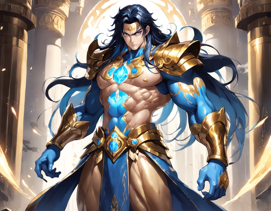 God, best quality, 1 Java god, 1 Java man, Lord Anuman, Black hair, upper gold armor, lots ornament on body, gold and gemstone clothes, Four arms , Java boots, Java mythology, blue eyes, mid long hair, Java little crown, American face, serious look, anger, blue skin, low light, natural light, Java street, low light, light rays, aura power, doing a power, blue eyes, back Five headed snake, looking ahead, male focus, big muscles, body builder, movie composition, depth of field, bokeh, standing, full body -imagine