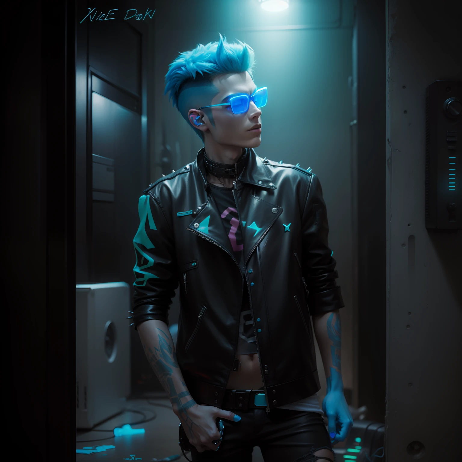 A ((neon)) blue alien punk with spiky hair and a leather jacket, holding a electric guitar in one hand -- in the style of BlueAP, realistic, isoMix_v211