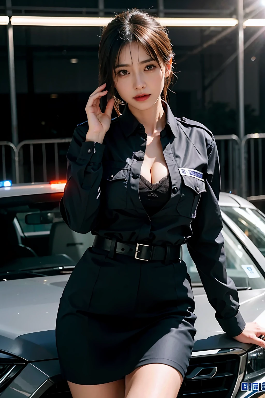 A policewoman，Police uniform，realisticlying，dynamic lights，Brush cut，cleavage，full shoot，（非常详细的 CG 统一 8k 壁纸），high detal，tack sharp focus，dramatic，eye bags，eyeslashes，Photoreality