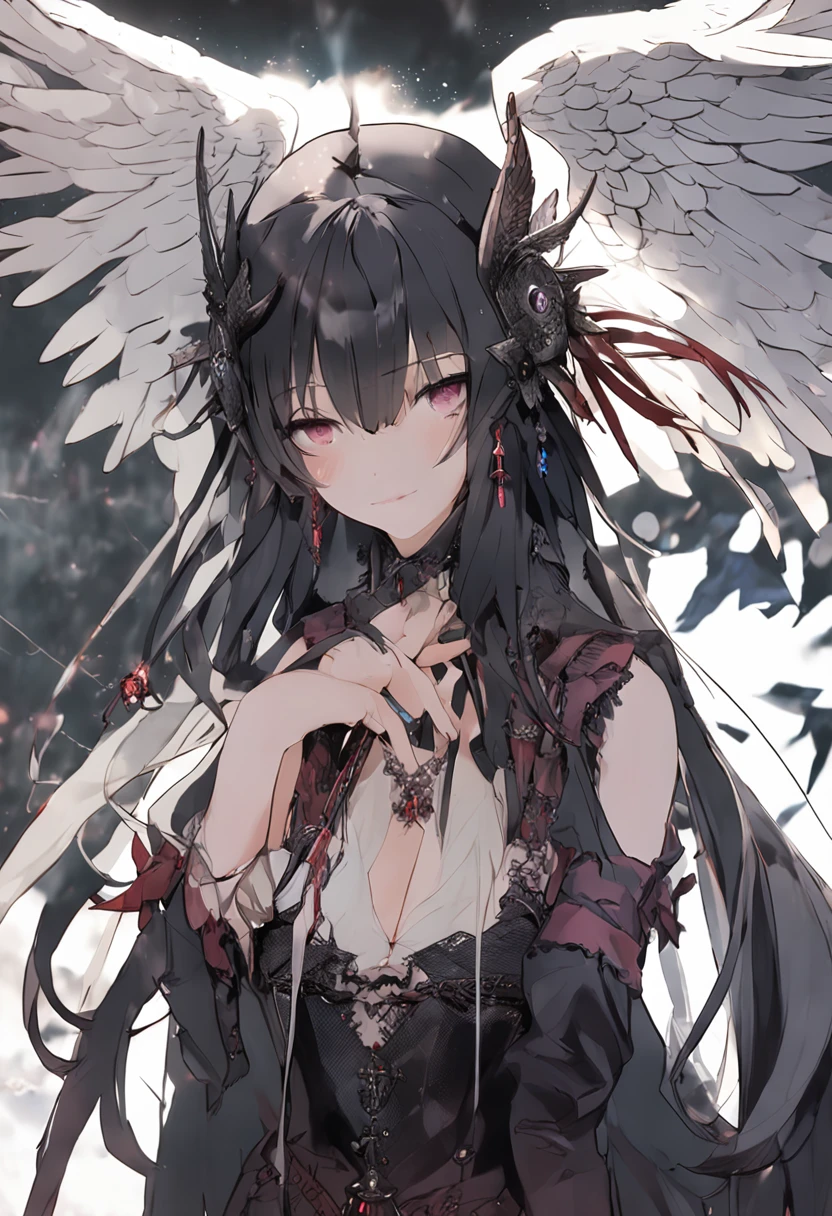 Seductive girl figure、Cute Girl Figure、Anime idol figures、pretty face with arms and legs、Norse goddesses、photo of slim girl model、European girl、Black Classical Dress、Wings of a Black Angel、Wet black-purple long straight hair、pale skin、Red eyes、Singing in the ruins of a church、