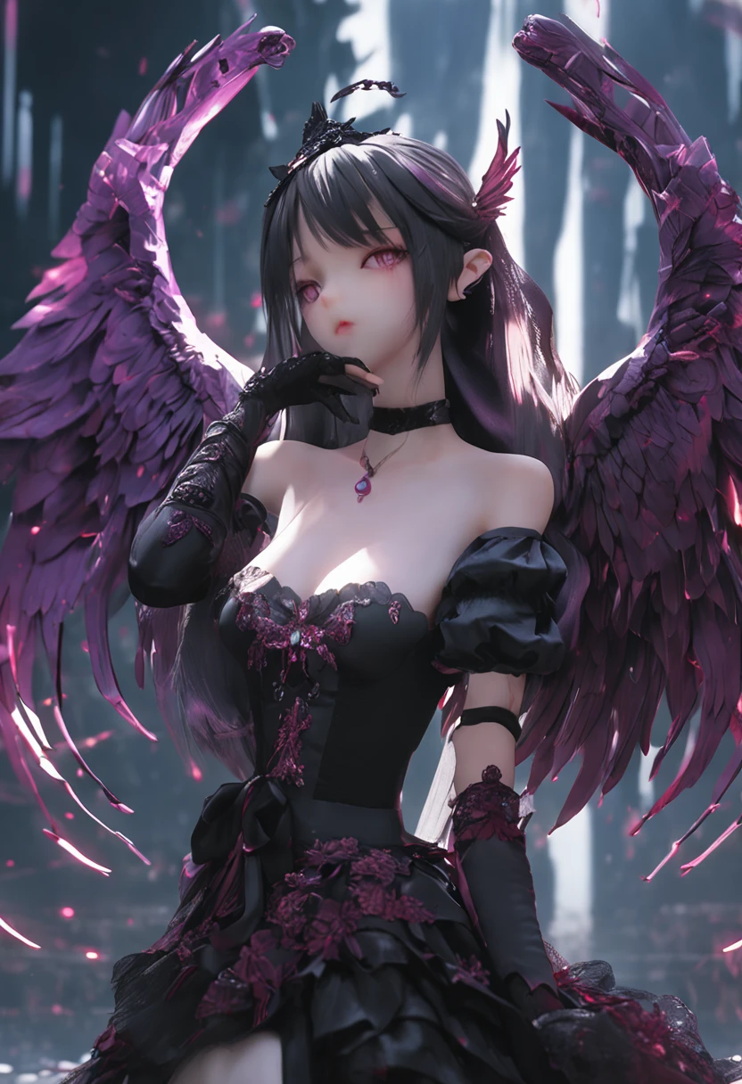Seductive girl figure、Cute Girl Figure、Anime idol figures、pretty face with arms and legs、Norse goddesses、photo of slim girl model、European girl、Black Classical Dress、Wings of a Black Angel、Wet black-purple long straight hair、pale skin、Red eyes、Singing in the ruins of a church、