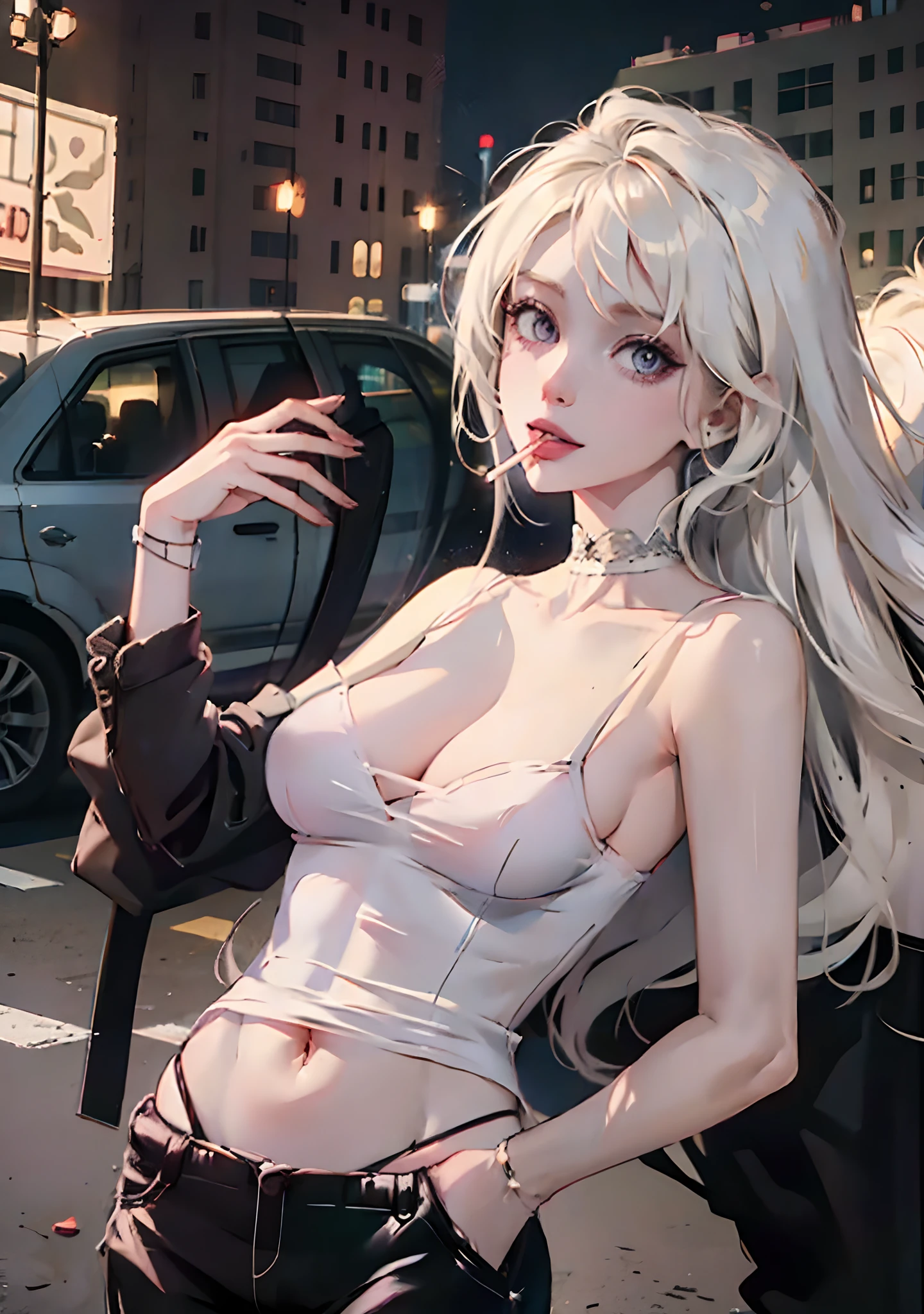 (masterpiece, best quality:1.2), cowboy shot, solo, 1girl, white hair, short wavy hair, purple eyes, average breasts, slender body, light smile, looking at viewer, hands in pockets, formal, suit, (braless), cleavage, black pants, choker, cityscape scenery, street, night light, night time, cigsmoker