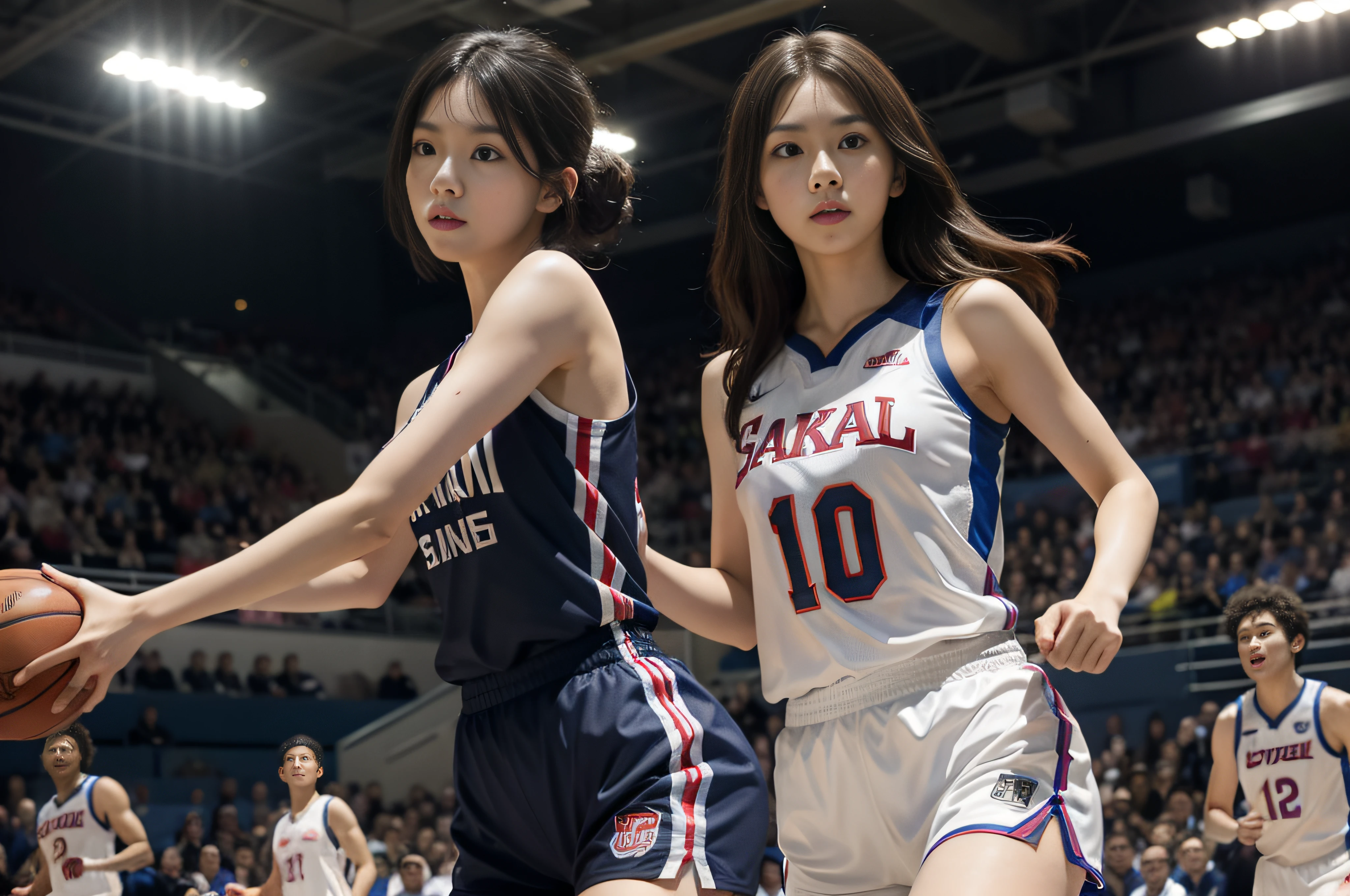 (((With perfect anatomy, we carefully draw perfect limbs with no excess or deficiency, taking into account the direction in which the joints bend.))),The grandstands were filled with spectators,(((A beautiful basketball player with outstanding style is running seriously with wrinkled eyebrows on the field of a Large gymnasium with spectators))),(((The uniform is a sleeveless basketball uniform with a collar and running pants with a large number on the back.々Shii,Put on basketball shoes))),(((Capture the powerful moment of sprinting with a basketball in a full-body snapshot))),Speed,body幹の強い低い姿勢,Speed,Capture the essence of the movement and the moment of the play,((A beautiful basketball player wearing a red uniform with white horizontal stripes and a thick headband looks ahead)), Fight off the enemies who try to stop her,((真剣な眼差しでバスケットボールボールをドリブルしながらバスケットゴールに向かって走る動きの本質を捉えた側面からの4K動body撮影)),Rushing forward like a rabbit,All in one,(Skin Dentition:1.5),Realistic and realistic,(masterpiece:1.5),Sports concept art,Intricate details,Highly detailed and realistic,Octane Rendering,4K,Sports Real Engine,Dynamic pose, Highest quality,High resolution,(Realistic Face:1.1),(Surreal:1.1), ((full_body)),((Expressing the dynamism that emanates from the whole body)),(((He has a slim, muscular body with well-trained legs and a slim waist, making him look like a coke bottle.))),(4K full-body shot from the side),(Shiny skin:1.2),(((Hairstyle))),(((Perfect hands))),(Highly detailed background),(((Well-maintained Tokyo Metropolitan Government々Background of stadium full of spectators on center court of wooden arena))),(A crucible of cheers and excitement),((Beauty condensed in 1girl)),((光を蓄えた美Shii瞳)),(Shiho wearing a necklace),(((滴る大量の汗が眩Shii))),(Ponytail flutters in the wind),casting ,((Dramatic beauty)),披写界深度の深い美Shiiボケ,4K,Gothic,4K Digital SLR Camera,Film grain effect,Fujifilm XT3 style,(Saiharu Body),(Delicate eyes and face),Professional Perspective,素晴らShiiディテール,1girl condenses exceptional beauty,繊細でHigh noseを持つ美Shii顔,High nose, Clear chestnut eyes that glorify the light, Glossy red lips, light makeup,))),