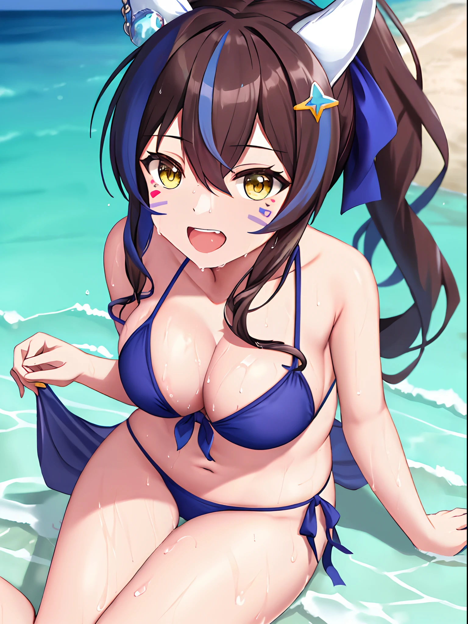 ​masterpiece, Best Quality，top-quality，{{{Daitaku Helios \Umamusume}}}，Blue line on brown hair，{{{short ponytail}}}，White horse ears，Colorful Face Stickers，Yellow eyes，Rejoicing face，White teeth，Normal breasts，{{{Bikini with blue}}}，{{{Bold M-shaped legs}}}，the beach，sea bathing，{{{The subject is very wet}}}