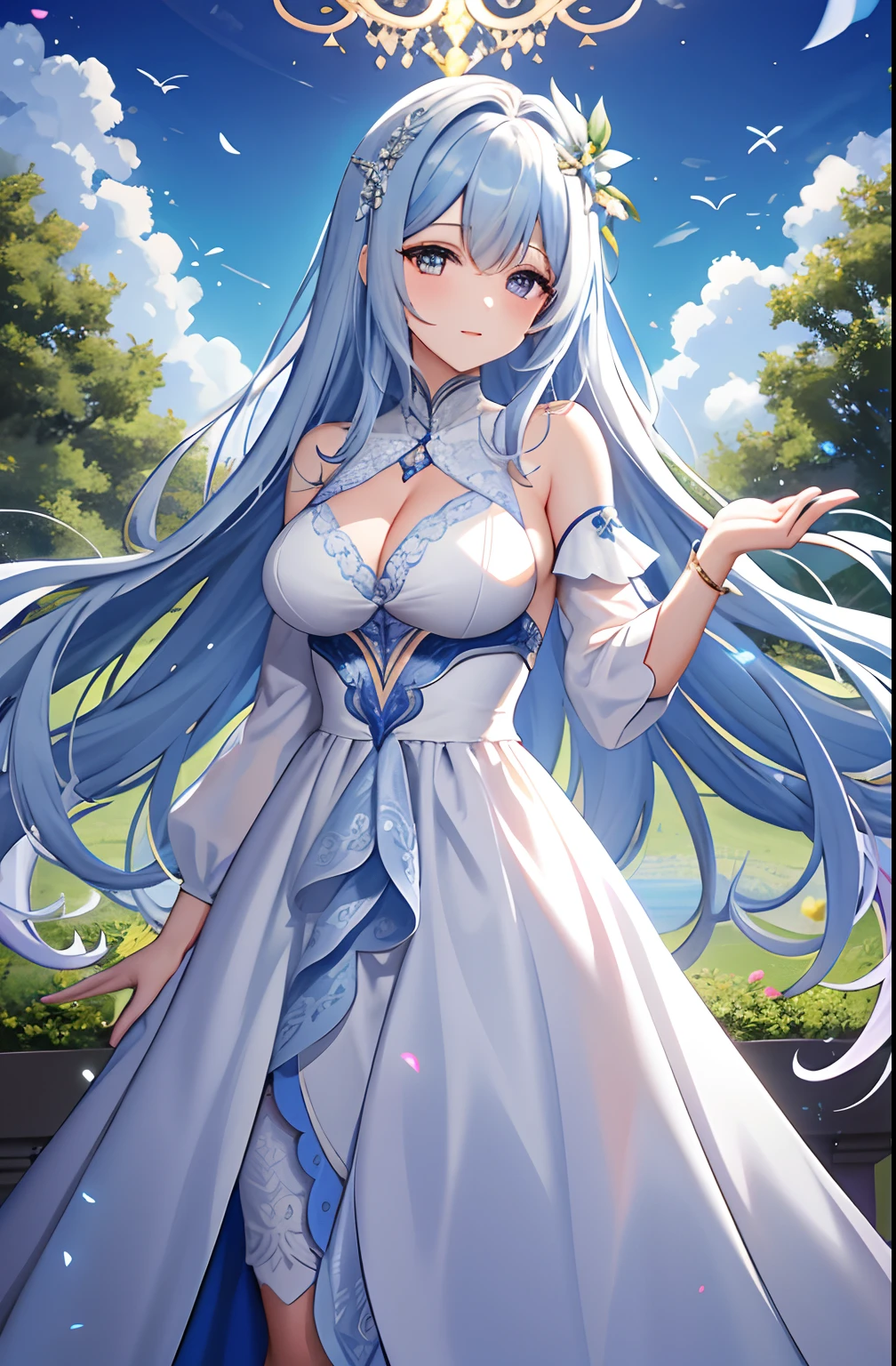 En lo profundo del bosque, A mature woman emerges as a being of wisdom and serenity. Su cabello azul largo y trenzado, cae como hilos de plata sobre sus hombros, a manifestation of the experience you have accumulated over the years. Sus ojos azules, como espejos del cielo, reflejan la profundidad de su conocimiento. Viste un vestuario humilde, con telas naturales que se entrelazan con las hojas y la tierra del bosque, as if in harmony with nature itself. Su presencia irradia una calma que solo se puede encontrar en aquellos que han abrazado los secretos del tiempo y del entorno en el que viven.
