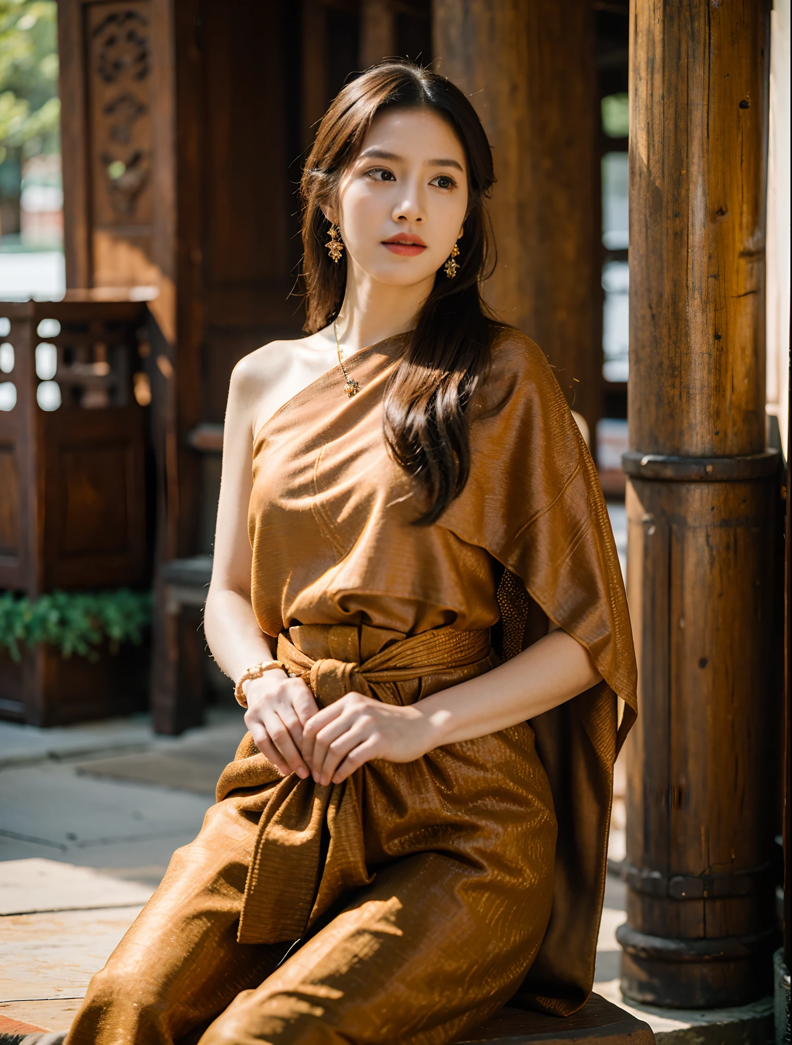 (8k,masterpiece,There's nothing wrong with it., Realistic :1.3), best quality, portrait , Realistic, face focus, 1 woman, brown long hair, Traditional Thai costume , ( comfortable:1.2), temple background, (breeze:1.2),(sun lighting:1.2)