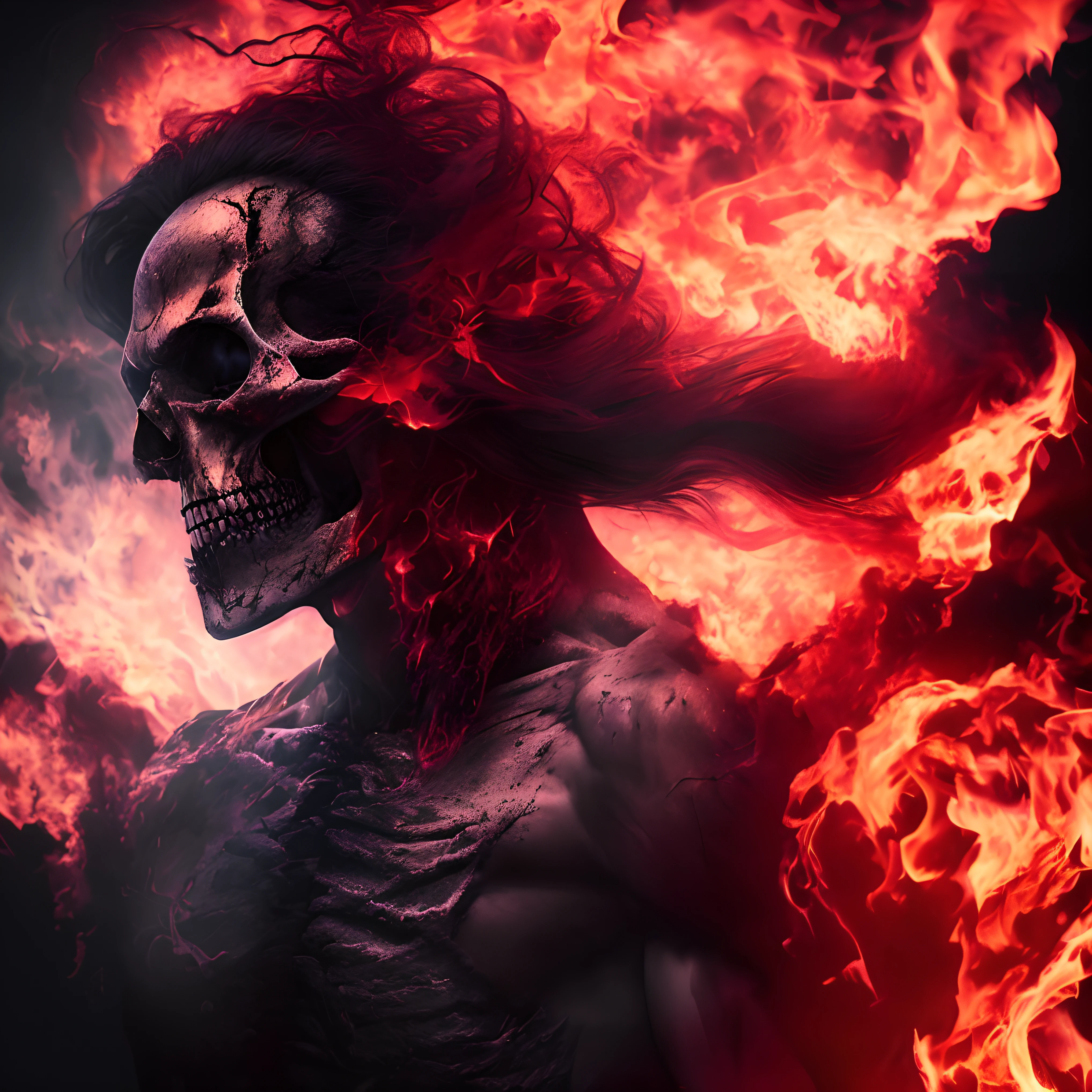a close up of a person with a fire in the background, fiery skull contemplating life, flaming grim reaper, flaming skull, ghost rider, beautiful male god of death, engulfed in swirling flames, engulfed in flames, hell background, hellfire background, fire demon, by Adam Marczyński, dark but detailed digital art, glowing red skull, CHAOS UNLEASHED, RAGE UNLEASHED, HYPER REALISTIC