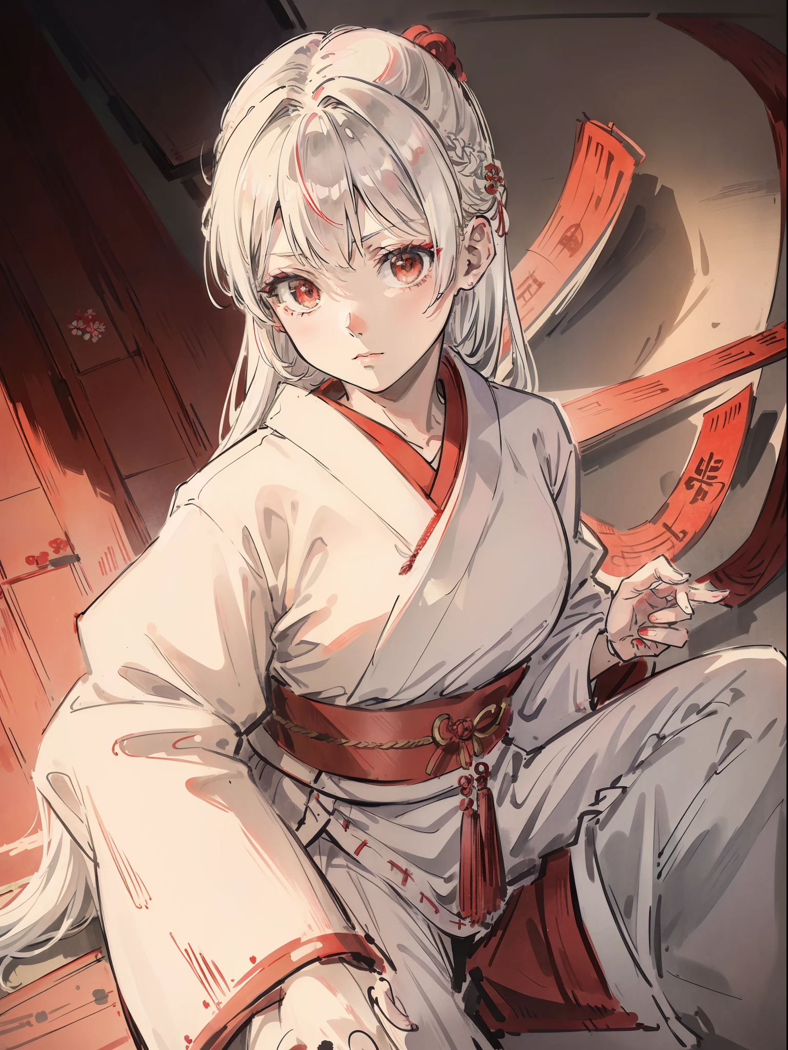 Silvery-white hair,Red eyes,Japanese kimono,jpn,Heian period,Shrine background,Contre-Jour,Cinematic texture,Light and shadow changes,Pull half of your body closer