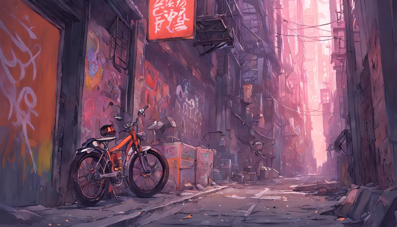 Scene of a backstreet alley,some punk boys and girls, hippy guys,graffiti, New York,bricked walls, barbed wire, ,motorbike, baseball gloves, POP neon lights , Aluminum trash cans,Fire staircase