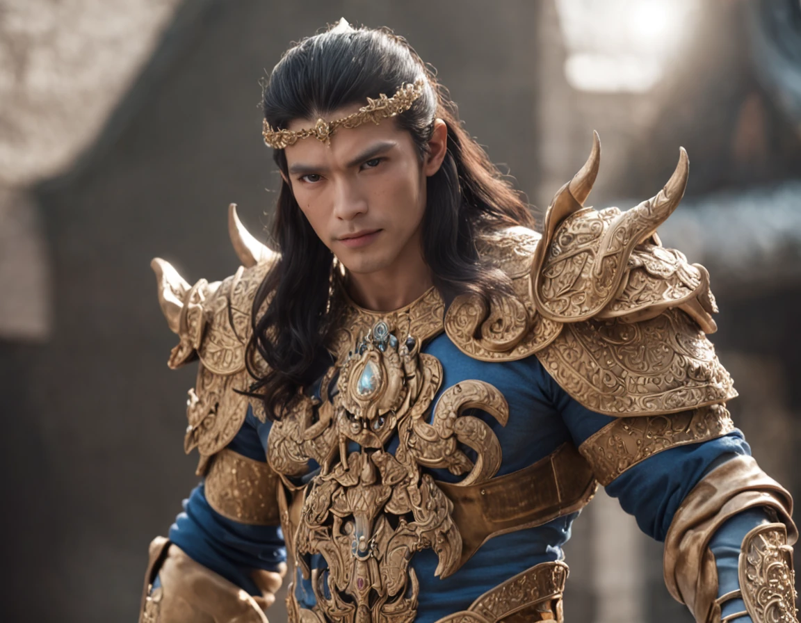 Create an indigenous male character with fish scale armor and a shiny shell crown