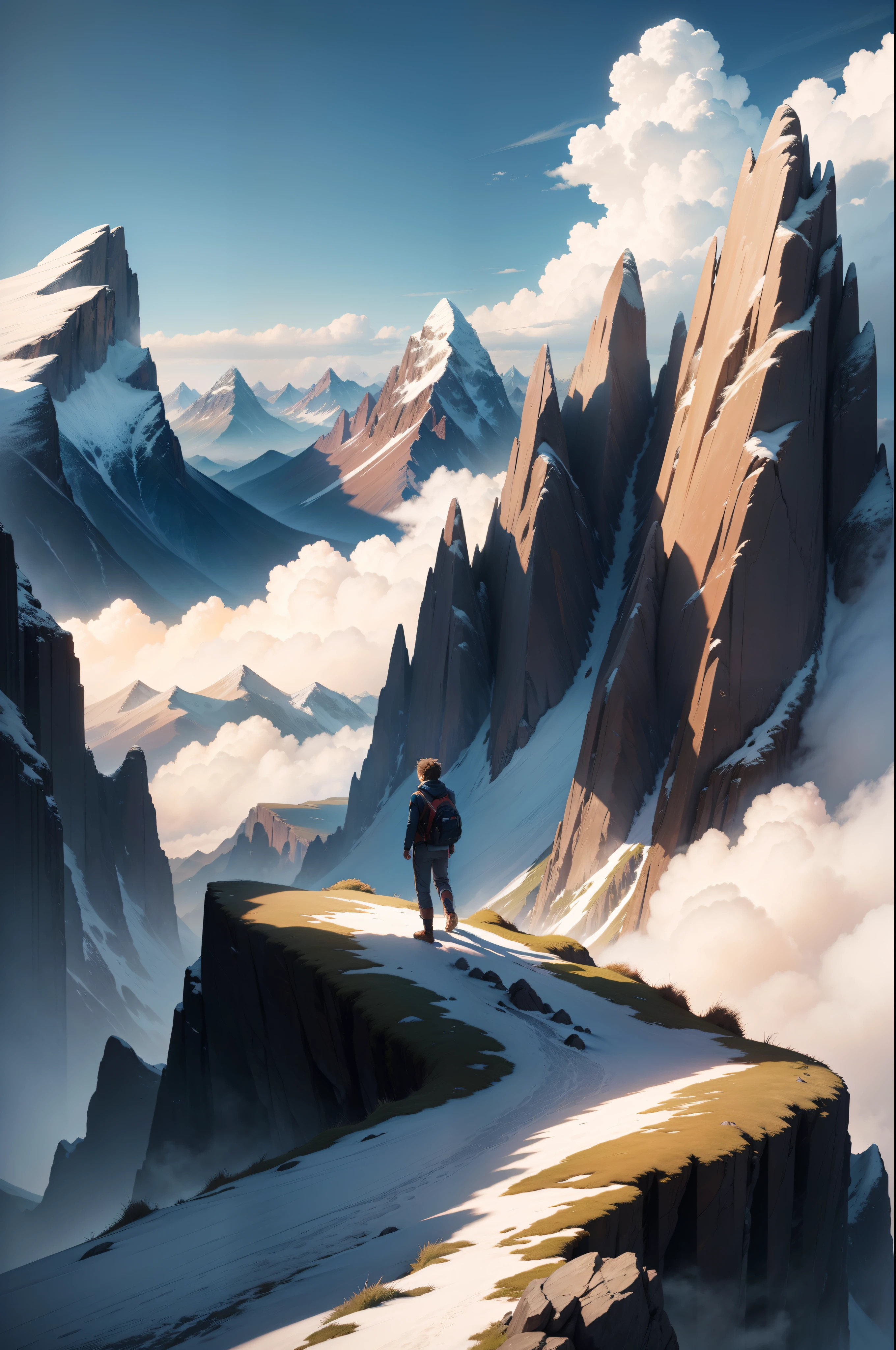 create an image with a mountain high above the clouds and a boy looking down