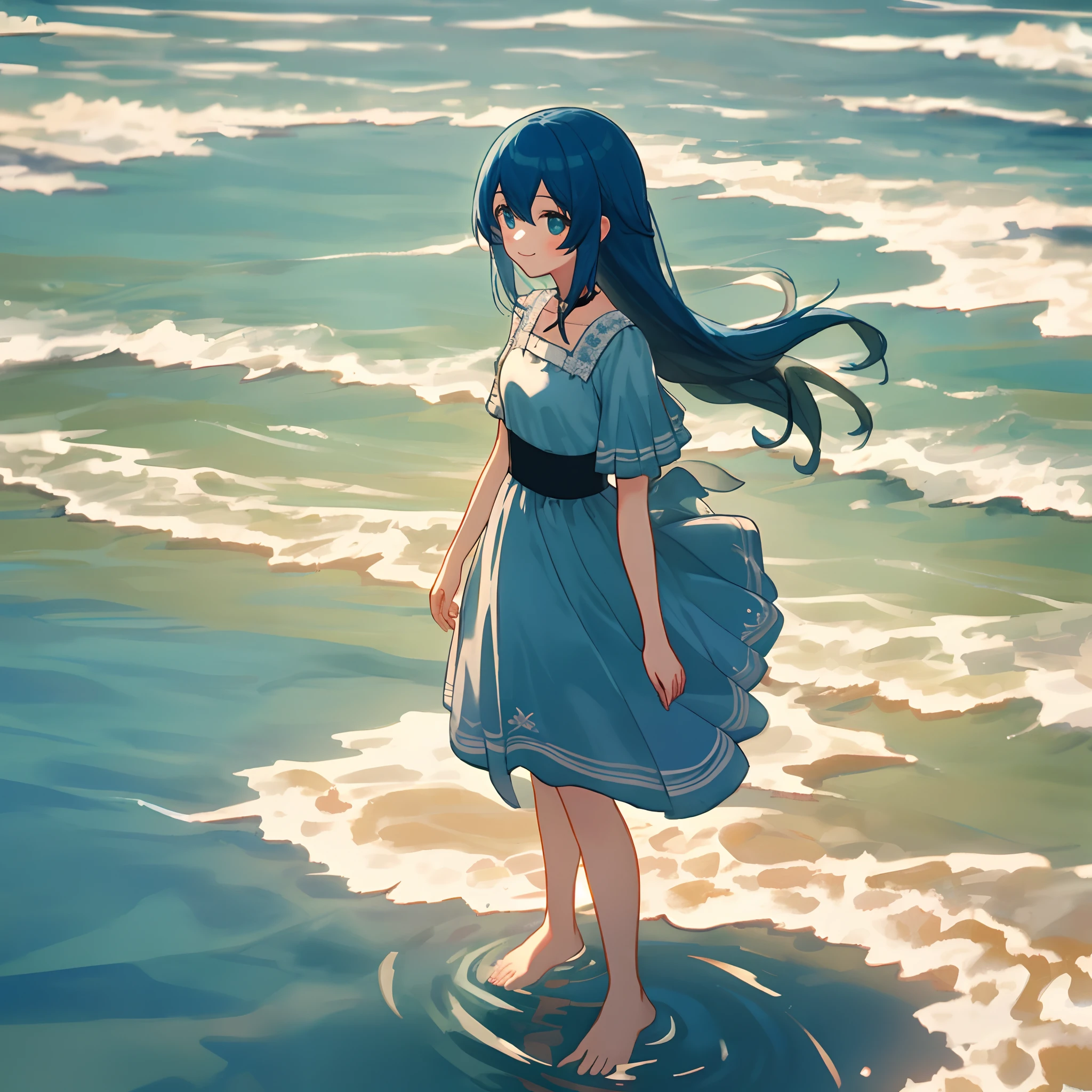 ((4k,masterpiece,best quality)), shuimobysim, maxiskit, Dress conservatively 1girl, solo, blue long hair, ssmile, standing on your feet, Feet in the water, The barefoot,