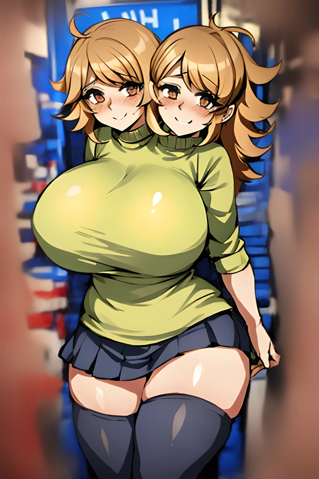 2heads, a very short fat woman with 2 heads. She has enormous breasts. She is inside a video game store. She looks like a nerd. She has messy hair. She is wearing a sweater and a short skirt. She is wearing thigh-high socks. She has gigantic breasts. She is extremely short. She is very fat. She is blushing. She looks nervous. She is smiling. She has massive breasts. She is very cute and extremely short. She is extremely fat.