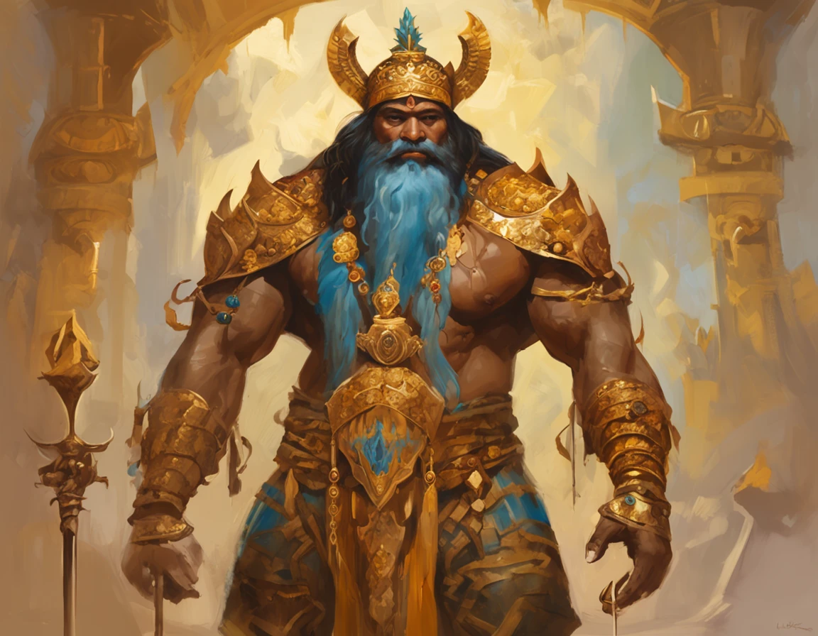 God, best quality, 1 Java god, 1 Java man, Lord Anuman, Black hair, upper gold armor, lots ornament on body, gold and gemstone clothes, Four arms , Java boots, Java mythology, blue eyes, mid long hair, Java little crown, American face, serious look, anger, blue skin, low light, natural light, Java street, low light, light rays, aura power, doing a power, blue eyes, back Five headed snake, looking ahead, male focus, big muscles,  body builder, movie composition, depth of field, bokeh, standing, full body  -imagine