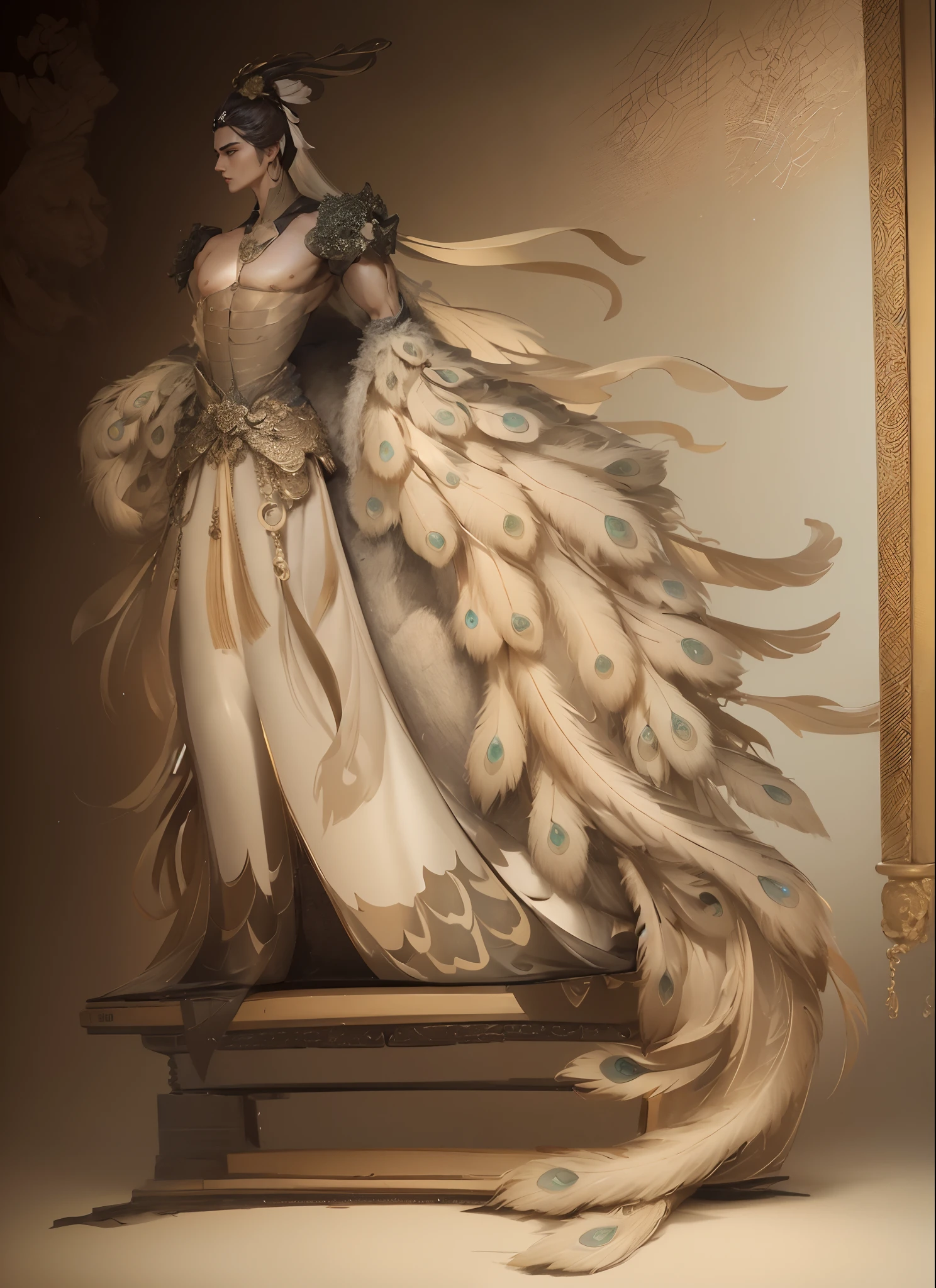 Sculpture design,Figures,GK model,The whole body of the character,(Expose the pectoralis major abs)base,sexy for,Peacock feathers,,Handsome,Expose muscles,base,Wu Yifan,musculous,Delicate and sophisticated
