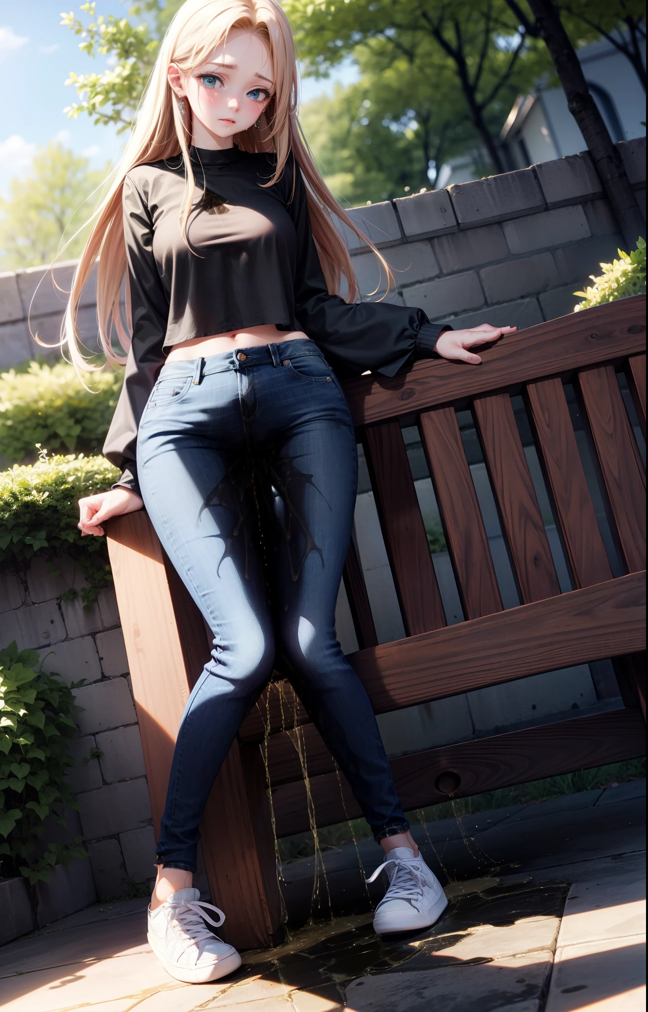 masterpiece, extremery magnificent view, perspective, extremery best quality, extremery detailed CG, 8k wallpaper, high resolution, highly detailed face, highly detailed eyes, perfect anatomy, super detailed skin,
(dynamic angle, dynamic pose:1.2), outdoors, park, tree and pond, (portrait, legs focus, full body), (beautiful face, beautiful eyes, beautiful legs:1.3), (((((pee stain))))), blush, worried,
1 girl, solo, (black top, skinny jeans:1.3), long sleeves, medium breasts, blond hair, long hair, floating hair, straight hair, open forehead, parted bangs, (white sneakers:1.3), blue eyes, (navel:0.8), skinny, slender, wide hips, thin waist