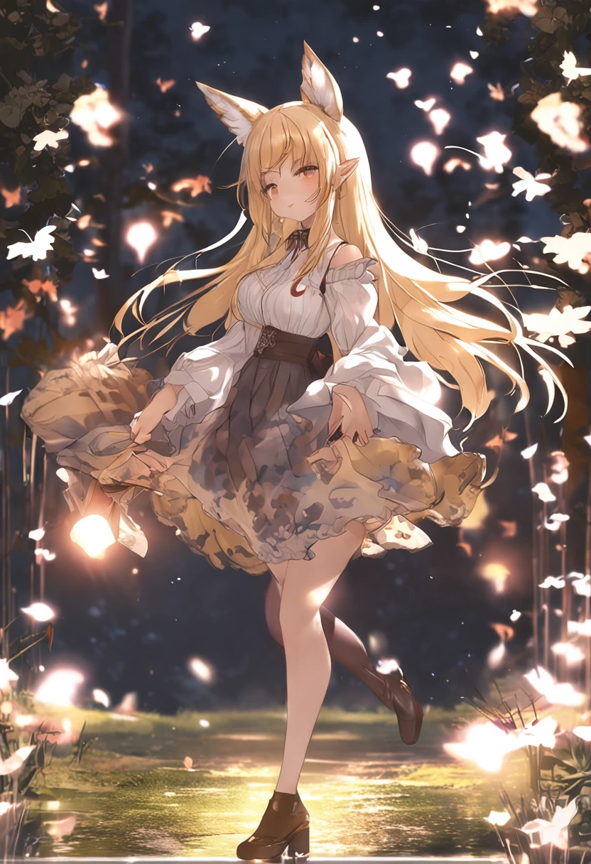 Seductive girl figure、Cute Girl Figure、Anime gravure idol figures、Golden hair、Long、eye glass、Fox ears、Fox tail、witch's hat、White blouse、Plaid skirt、Full Moon Night、Dancing、pretty face with arms and legs、Norse goddesses、a sexy girl、photo of slim girl model、European girl、Photorealistic perfect body、low angles