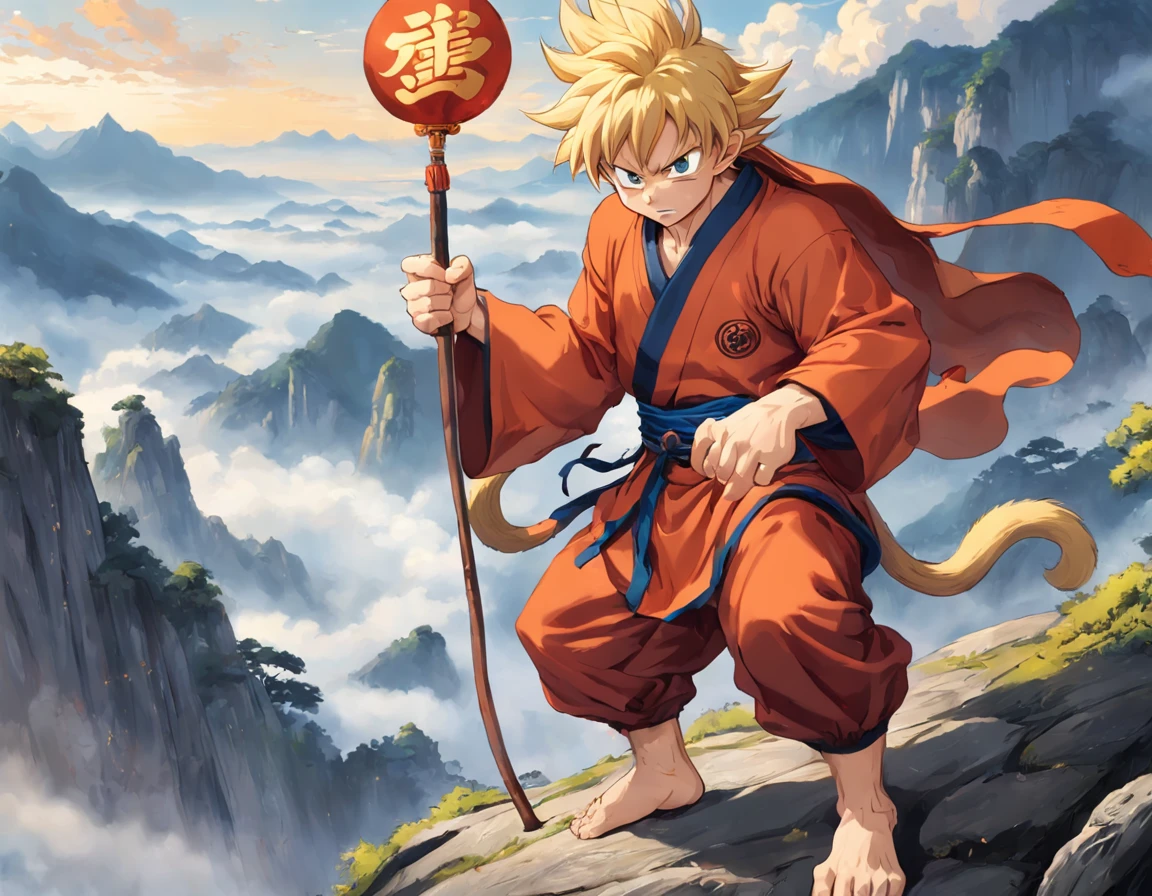 ((Holding a long golden stick,Anthropomorphic man with golden hoop rod,monkeys,mtu,Wukong,(Half kneeling standing on the top of the mountain)),(Holding a wishful stick in his right hand),(Golden Hoop Stick),(Dressed in gold),(The red cloak floats high)),The body hangs low,Shoulders pulled down,Expressions of frustration and disappointment,His suit was tattered,Hair is messy and messy,The eyes lost their previous firmness and courage,Full of loss and helplessness,The battlefield in the background is dilapidated,Smoke and dust filled the air,It is filled with an air of sadness and destruction,Goku's decadence and frustration after his defeat,Make people feel his loss and helplessness,son goku、Wukong,Very beautiful anthropomorphic monkey,(Hairy face),(hairy hand),(Blonde hair),(Side of the character),vfx, SFX, insanely detailed and intricate, hyper-maximalist, Ultra photo realsisim, volumetr, Photorealistic, The ultra-realistice, Ultra-detailed, Intricate details, Super detailed, Full color, Volumetric lightning, hdr, Realistic, illusory engine, 16k, Sharp focus, rendering by octane,Burning flame background,