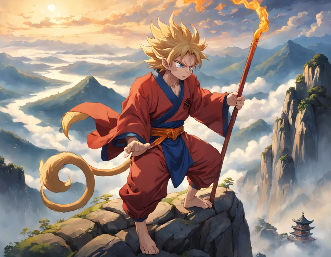 ((Holding a long golden stick,Anthropomorphic man with golden hoop rod,monkeys,mtu,Wukong,(Half kneeling standing on the top of the mountain)),(Holding a wishful stick in his right hand),(Golden Hoop Stick),(Dressed in gold),(The red cloak floats high)),The body hangs low,Shoulders pulled down,Expressions of frustration and disappointment,His suit was tattered,Hair is messy and messy,The eyes lost their previous firmness and courage,Full of loss and helplessness,The battlefield in the background is dilapidated,Smoke and dust filled the air,It is filled with an air of sadness and destruction,Goku's decadence and frustration after his defeat,Make people feel his loss and helplessness,son goku、Wukong,Very beautiful anthropomorphic monkey,(Hairy face),(hairy hand),(Blonde hair),(Side of the character),vfx, SFX, insanely detailed and intricate, hyper-maximalist, Ultra photo realsisim, volumetr, Photorealistic, The ultra-realistice, Ultra-detailed, Intricate details, Super detailed, Full color, Volumetric lightning, hdr, Realistic, illusory engine, 16k, Sharp focus, rendering by octane,Burning flame background,