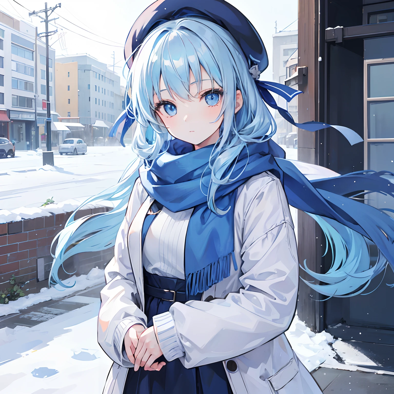 1girl,light blue hair,blue eyes,hair ribbon,blue scarf,beret,sweater,winter,looking at viewer